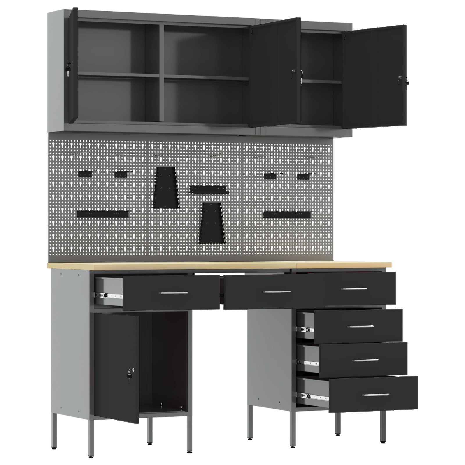 8-Piece Work Cabinet and Pegboard Set in Black MDF and Metal - Image 5