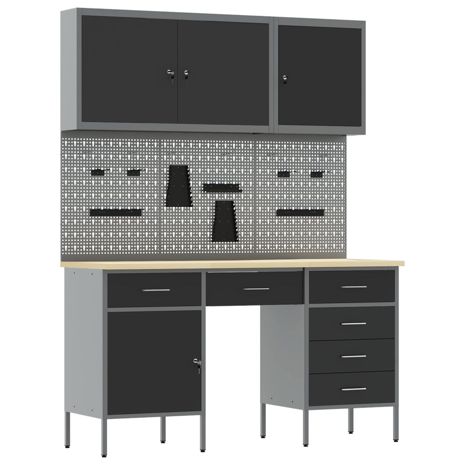 8-Piece Work Cabinet and Pegboard Set in Black MDF and Metal - Image 2