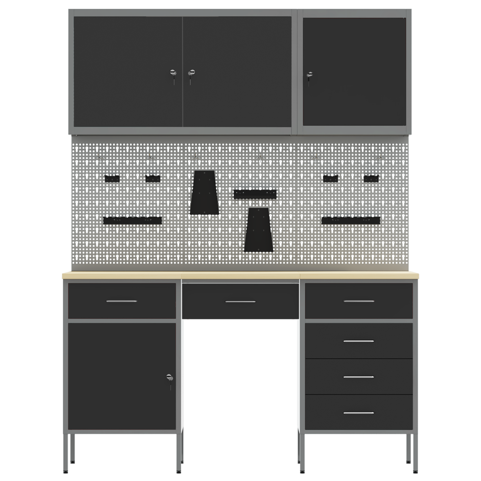 8-Piece Work Cabinet and Pegboard Set in Black MDF and Metal - Image 8