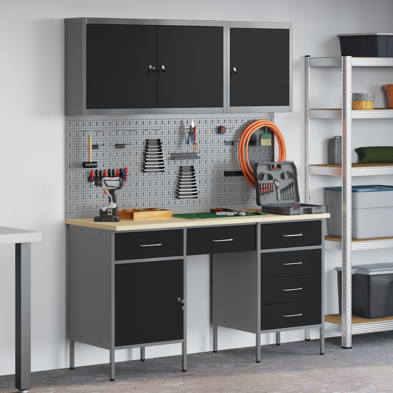 8-Piece Work Cabinet and Pegboard Set in Black MDF and Metal