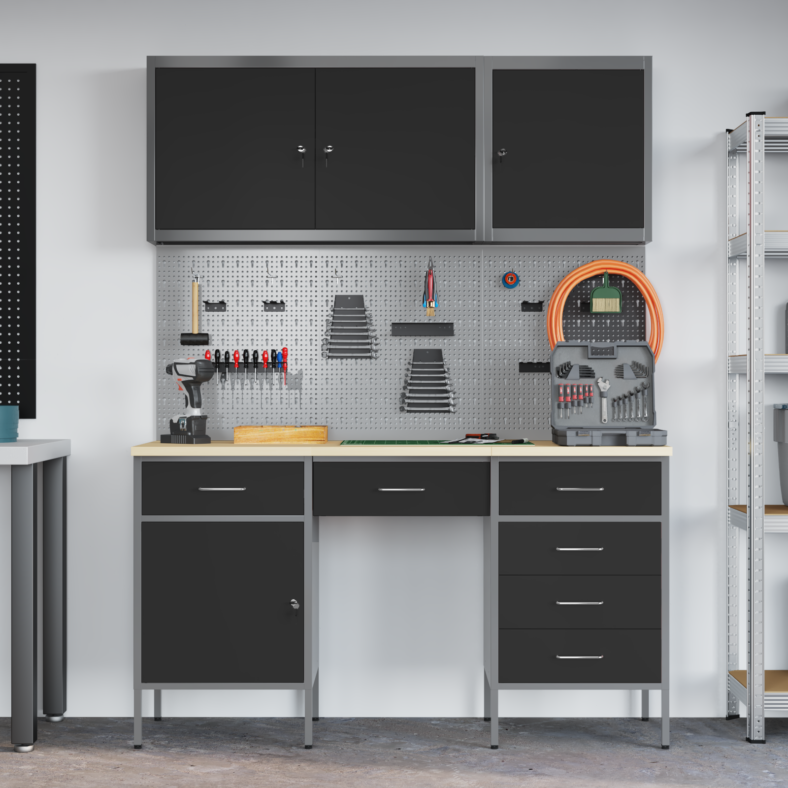 8-Piece Work Cabinet and Pegboard Set in Black MDF and Metal - Image 4