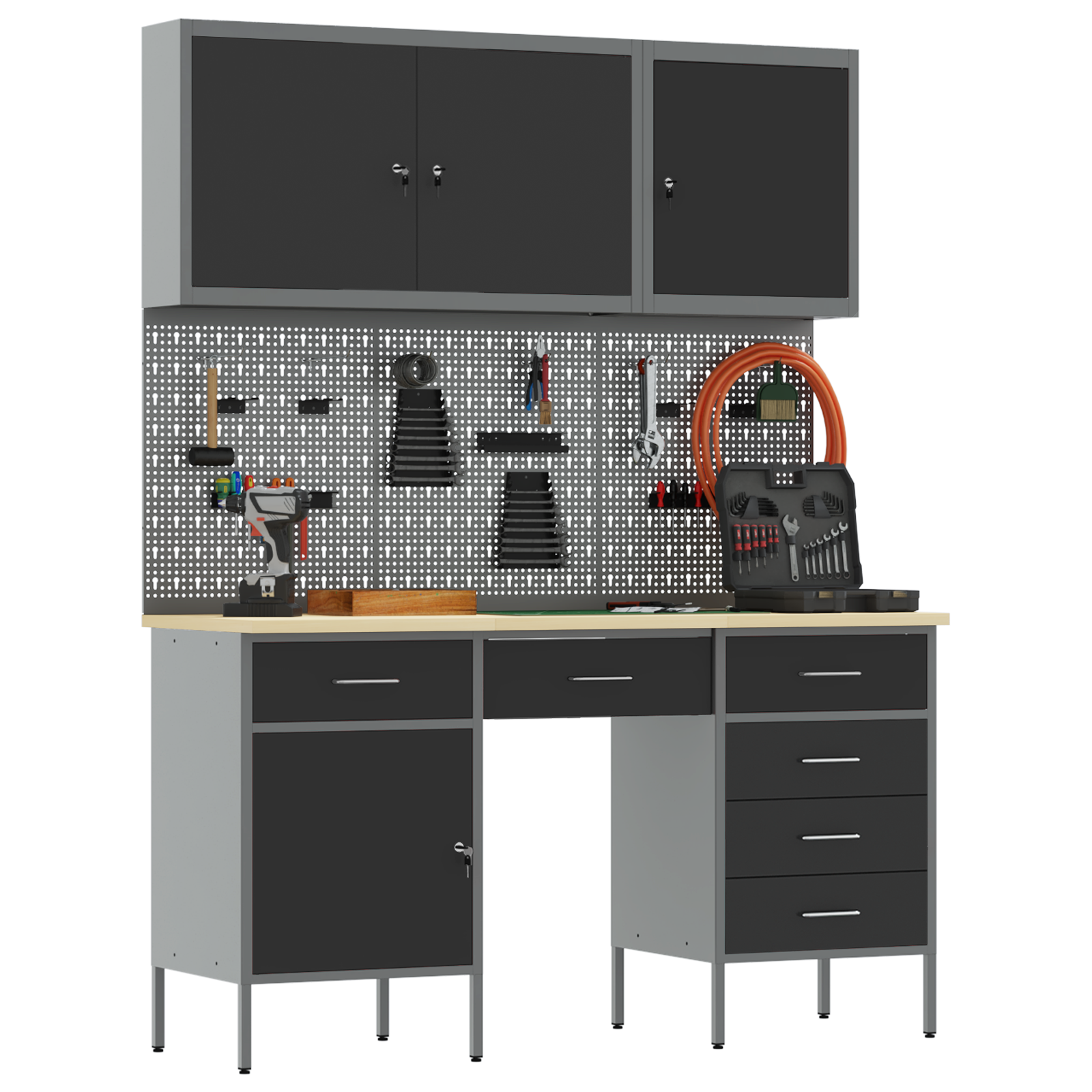 8-Piece Work Cabinet and Pegboard Set in Black MDF and Metal - Image 3
