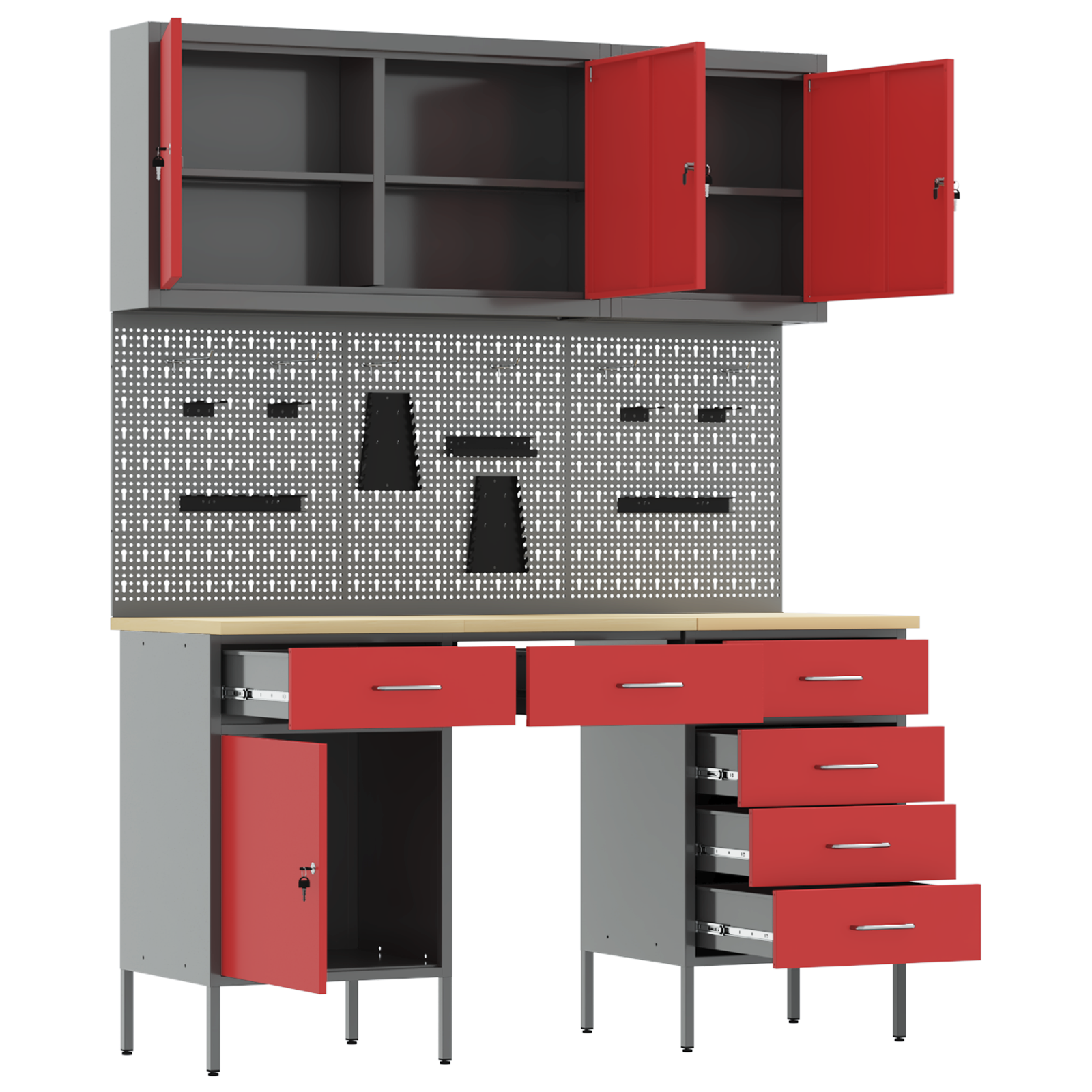 8 Piece Work Cabinet and Pegboard Set Red MDF and Metal - Image 5