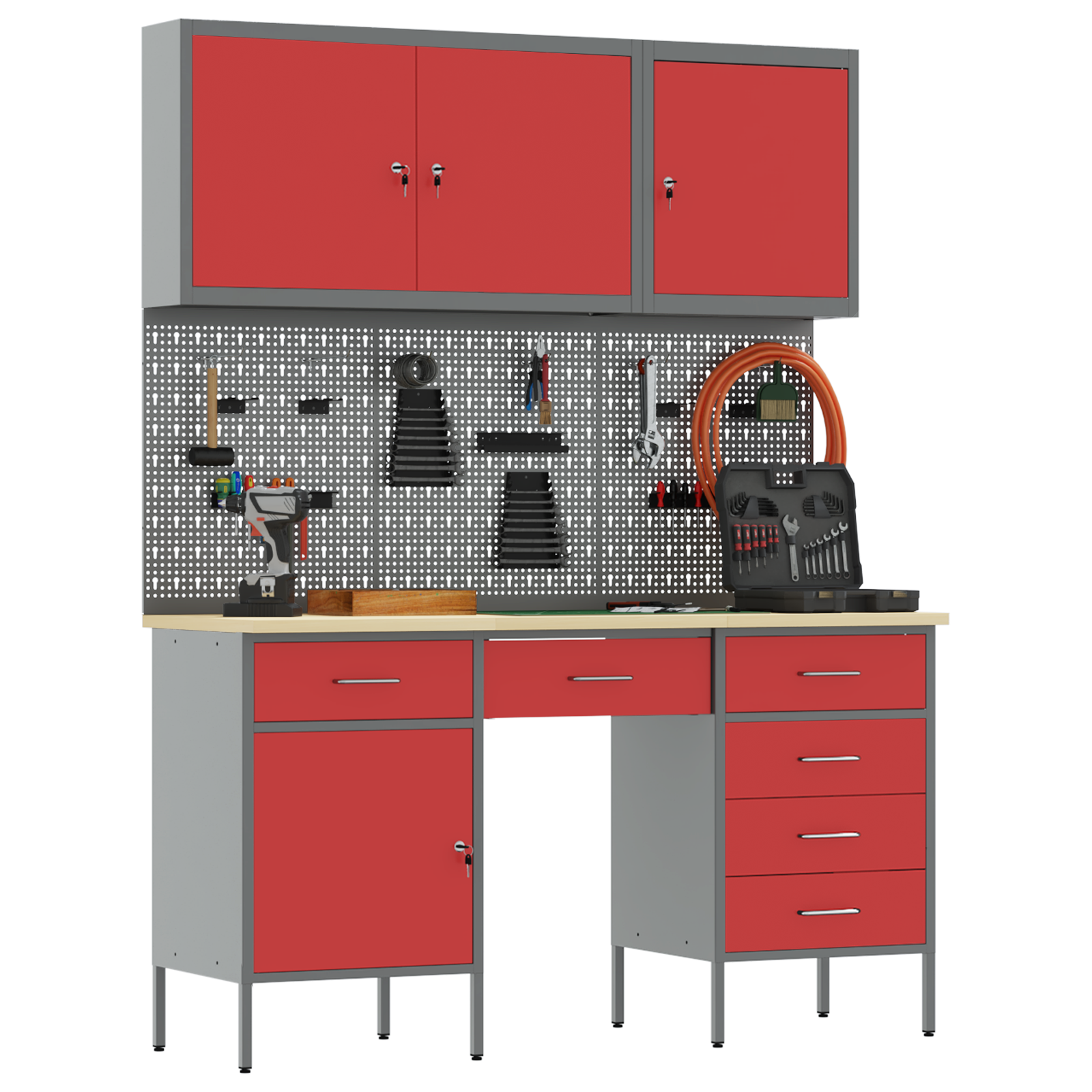 8 Piece Work Cabinet and Pegboard Set Red MDF and Metal - Image 3