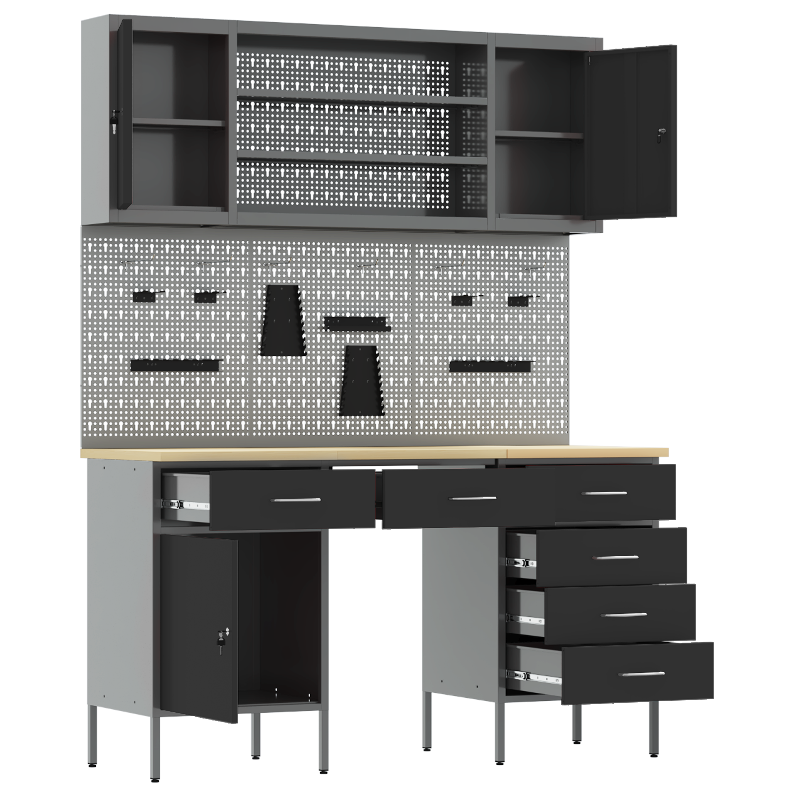 7-Piece Work Cabinet and Pegboard Set in Black MDF and Metal - Image 5