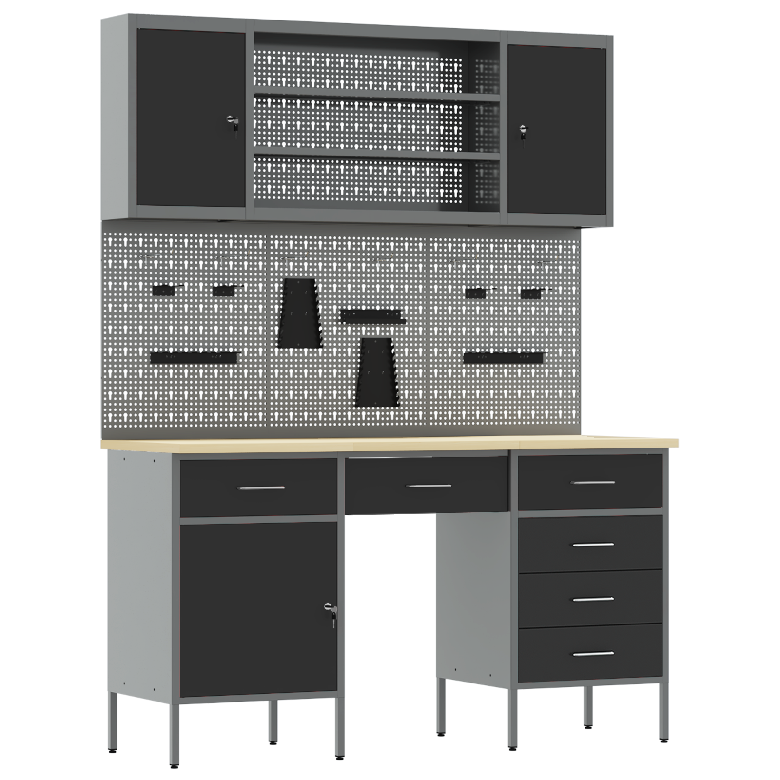 7-Piece Work Cabinet and Pegboard Set in Black MDF and Metal - Image 2