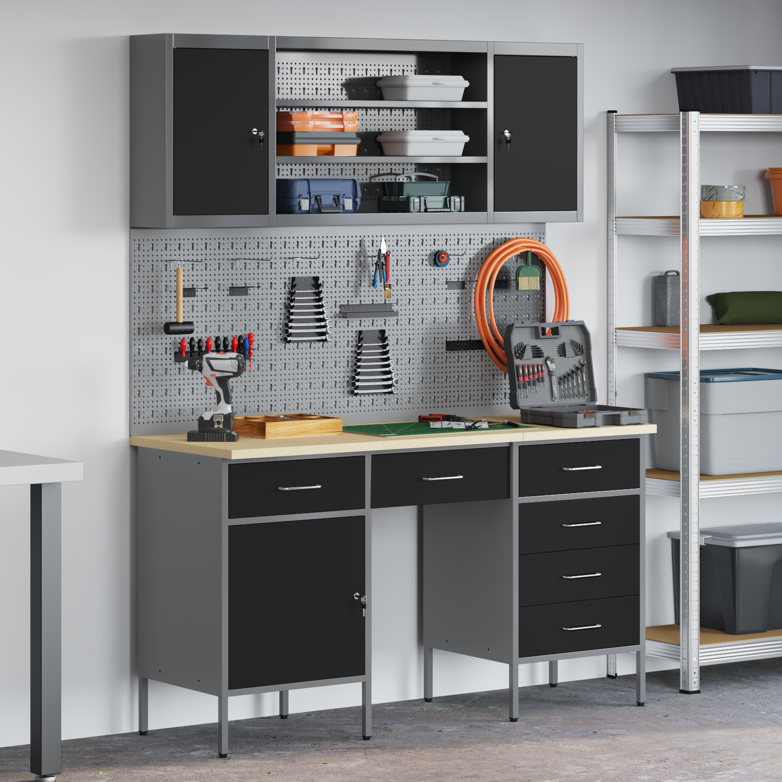7-Piece Work Cabinet and Pegboard Set in Black MDF and Metal