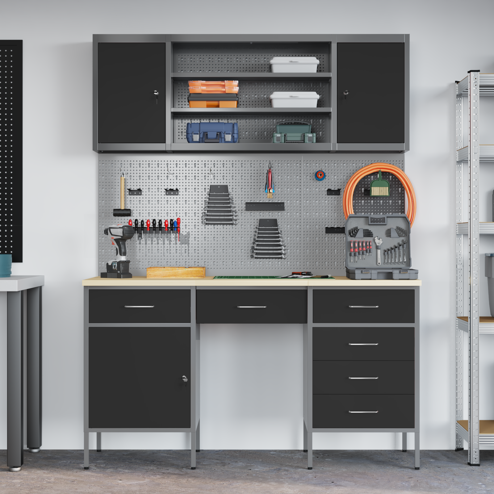 7-Piece Work Cabinet and Pegboard Set in Black MDF and Metal - Image 4