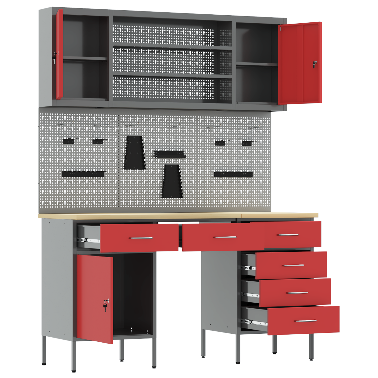 7-Piece Red Work Cabinet and Pegboard Set made of MDF and Metal - Image 3