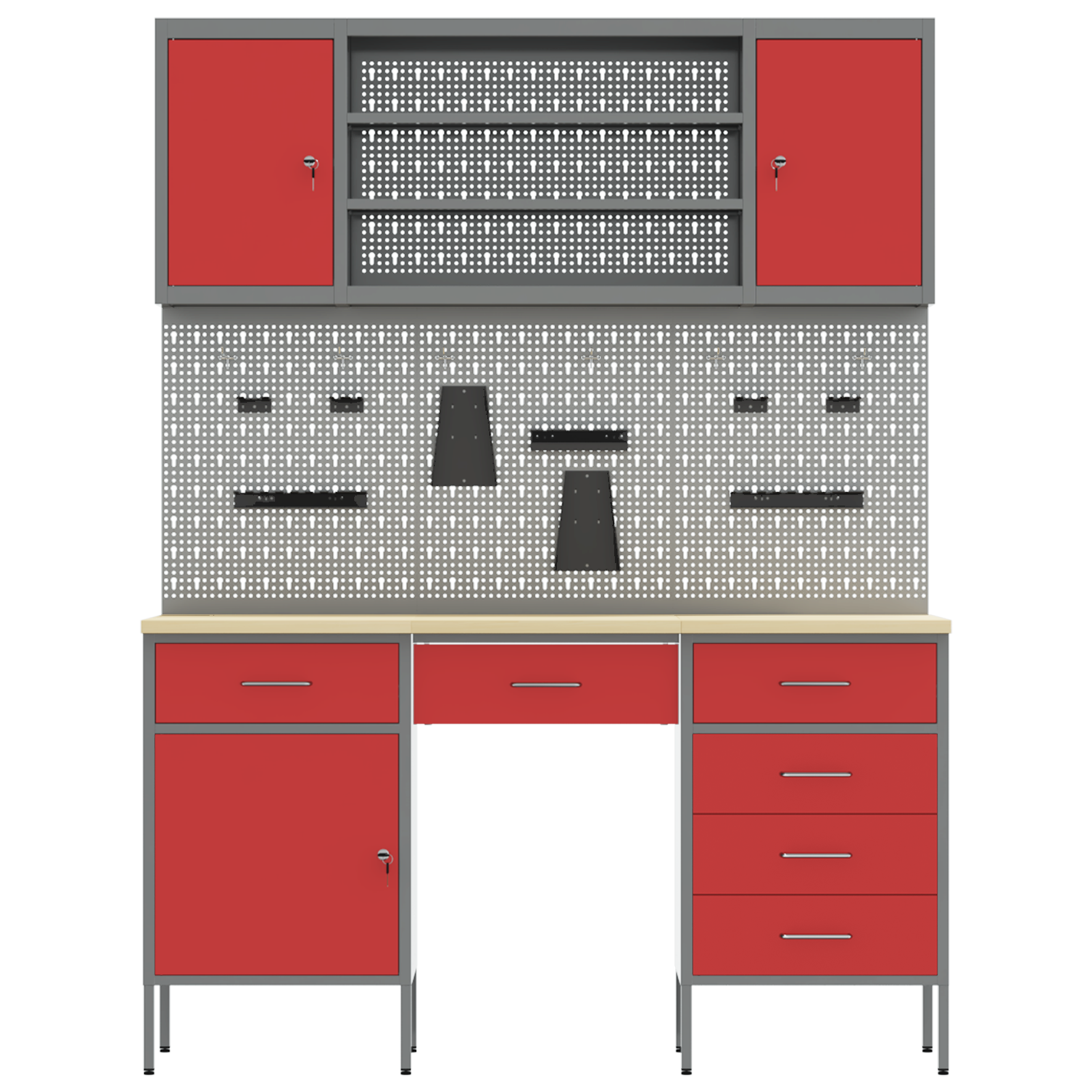 7-Piece Red Work Cabinet and Pegboard Set made of MDF and Metal - Image 7