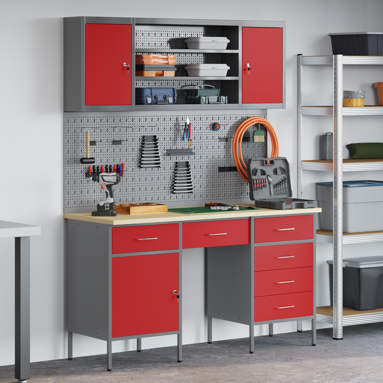 7-Piece Red Work Cabinet and Pegboard Set made of MDF and Metal