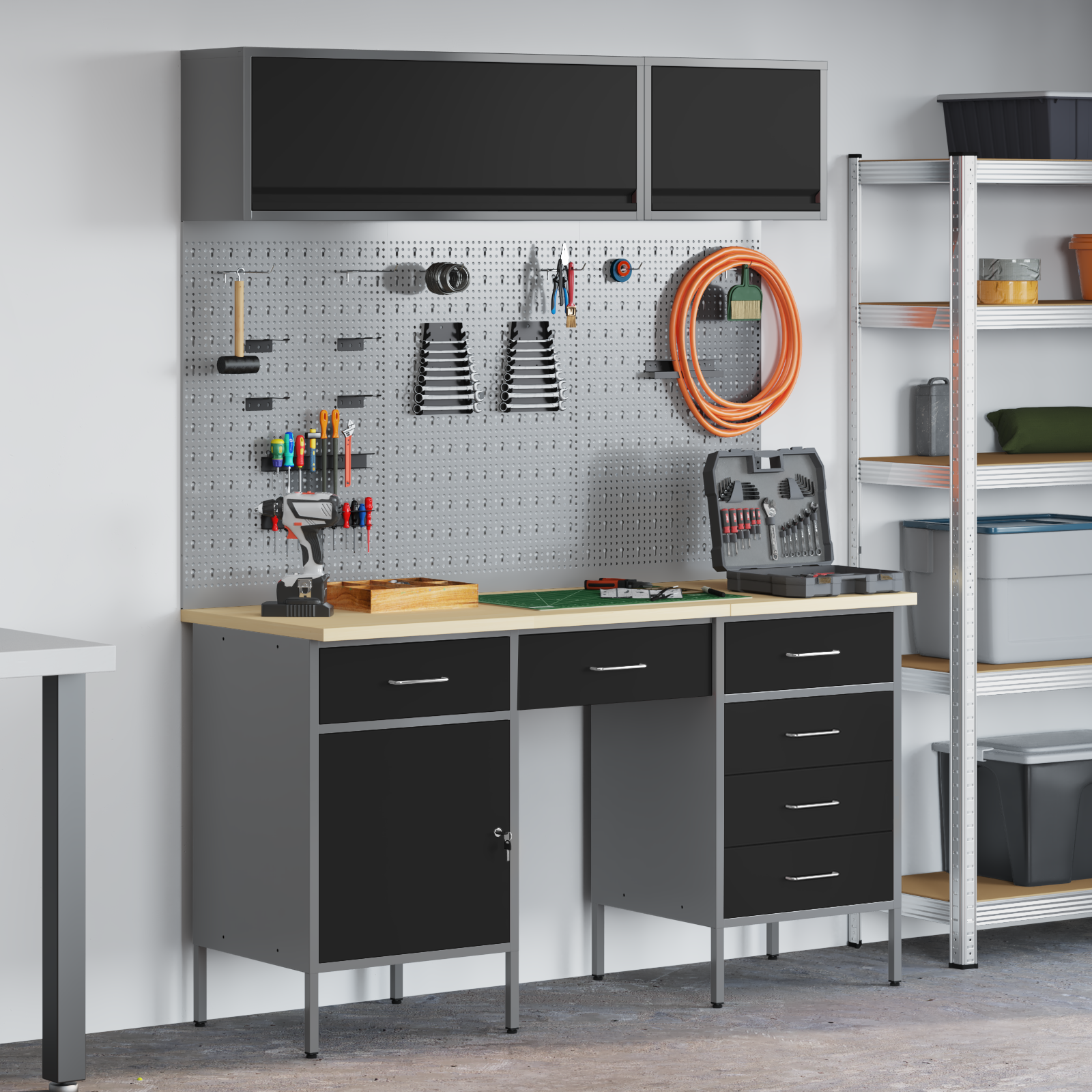 Set dulap lucru & panou cârlige, 8 piese, negru, MDF & metal 3321468 Set dulap lucru & panou cârlige, 8 piese, negru, MDF & metal 3321468 - imagine 1