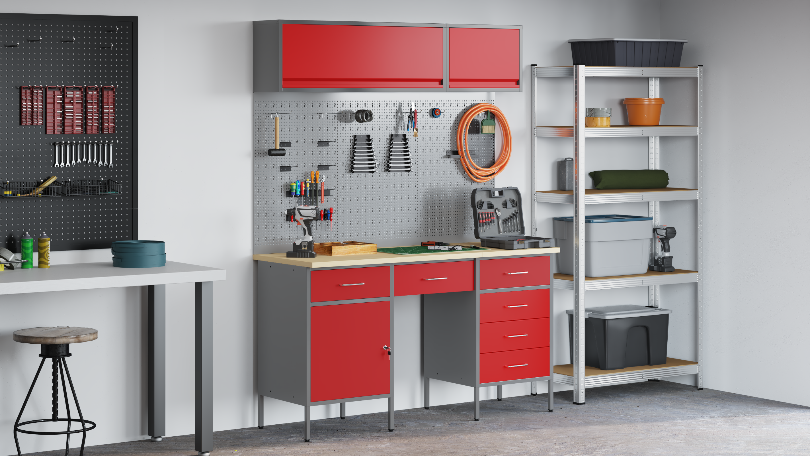 Set dulap lucru & panou cârlige, 8 piese, roșu, MDF & metal 3321469 Set dulap lucru & panou cârlige, 8 piese, roșu, MDF & metal 3321469 - imagine 1