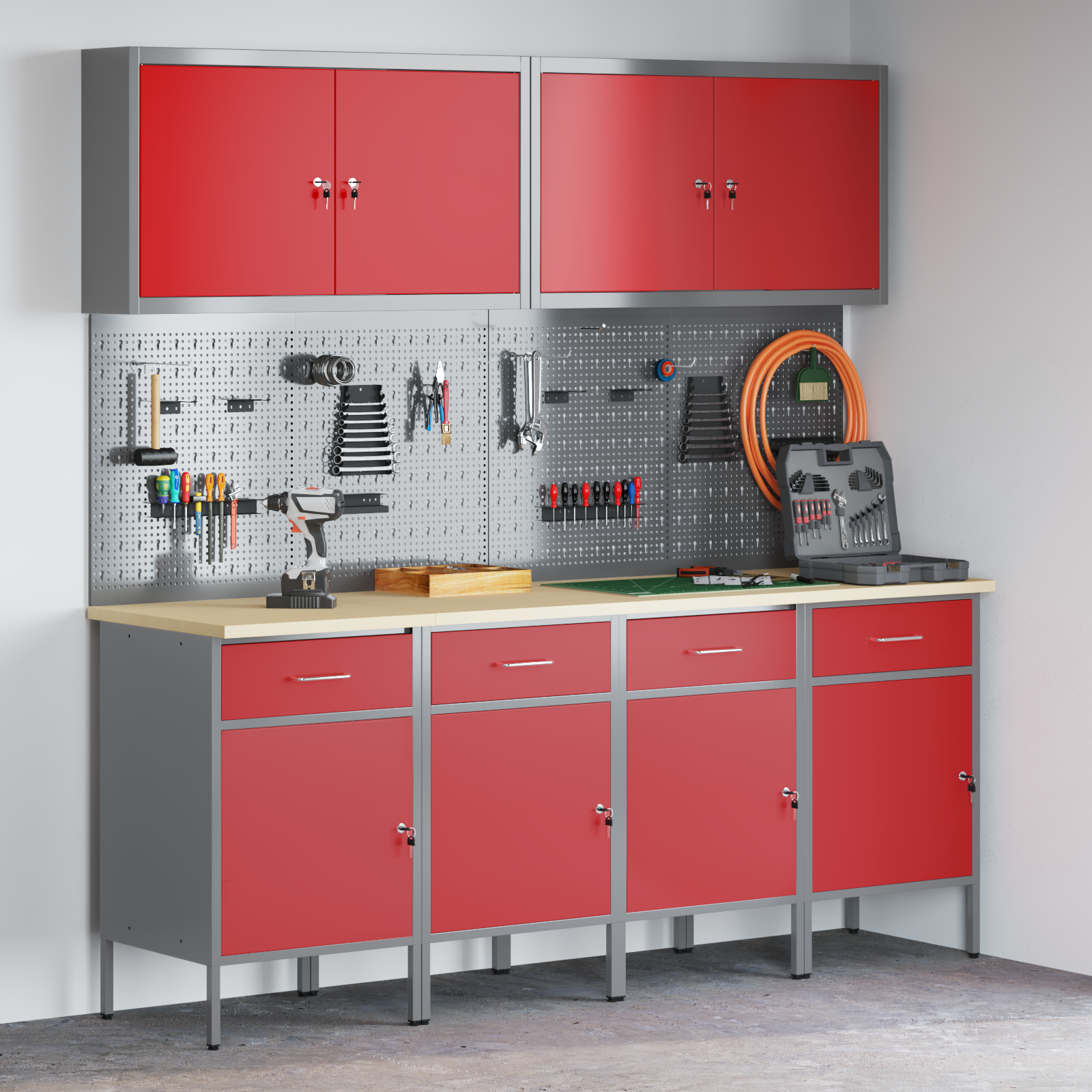 Set dulap lucru & panou cârlige, 10 piese, roșu, MDF & metal 3321483 Set dulap lucru & panou cârlige, 10 piese, roșu, MDF & metal 3321483 - imagine 1