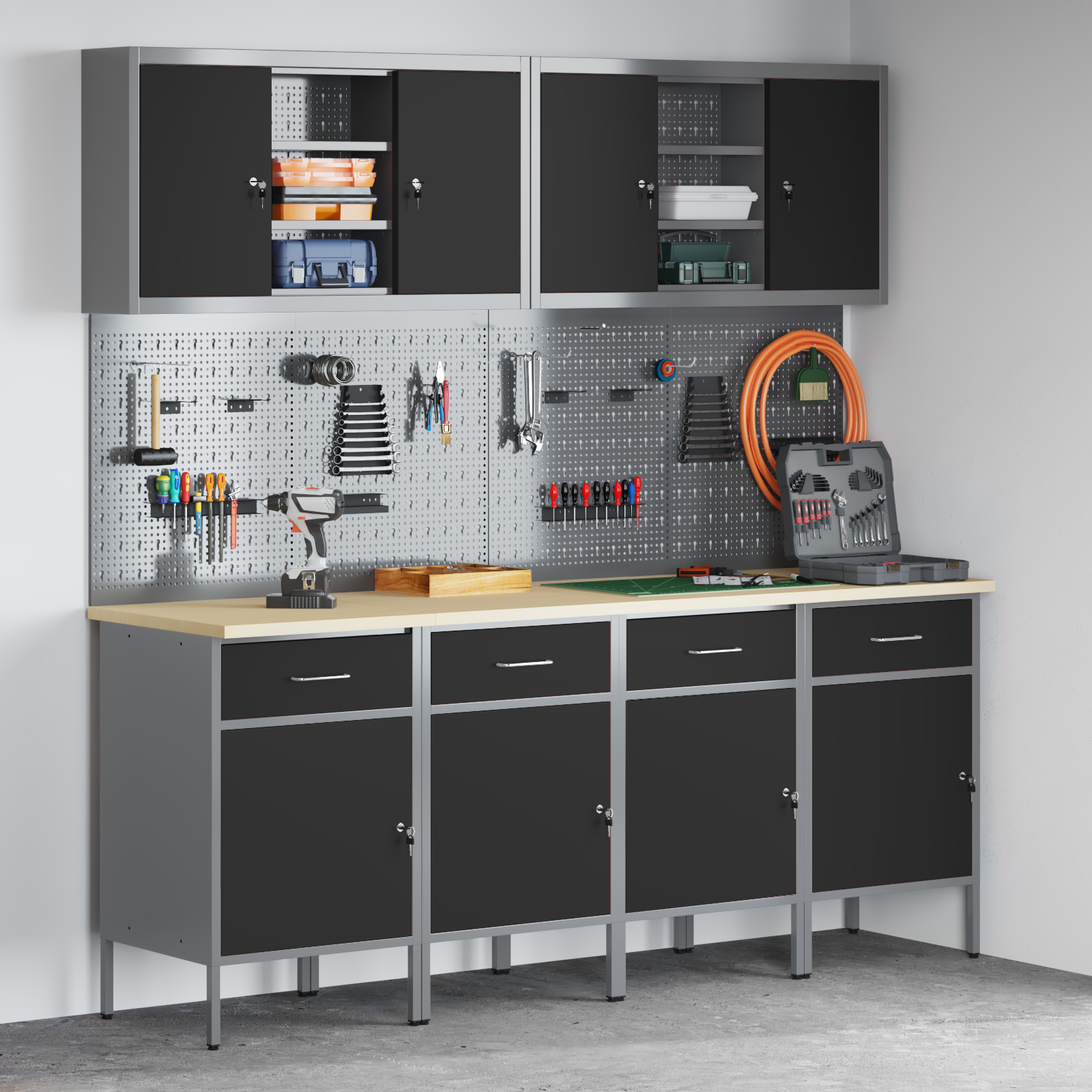 10-Piece Work Cabinet and Pegboard Set - Black MDF and Metal