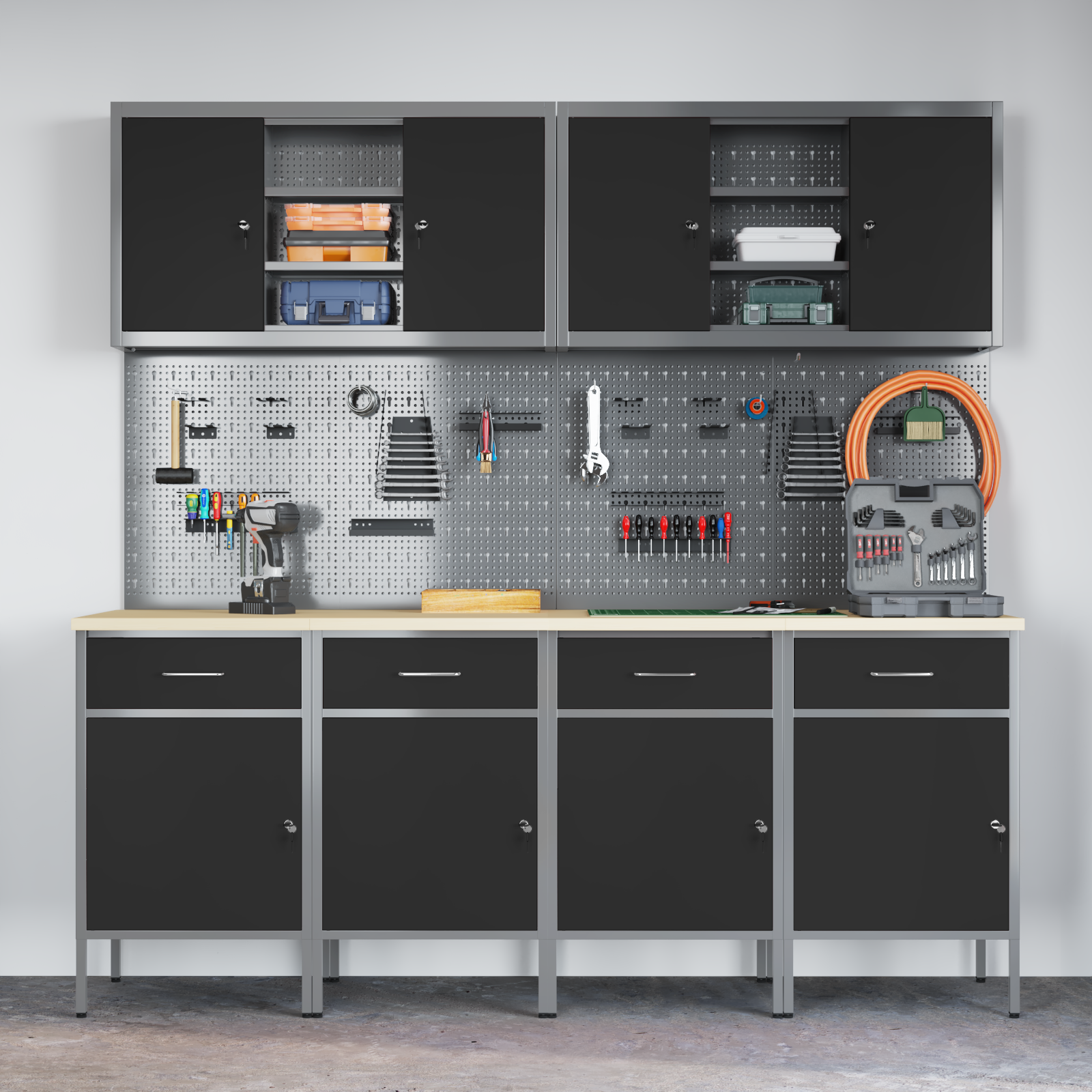 10-Piece Work Cabinet and Pegboard Set - Black MDF and Metal - Image 4