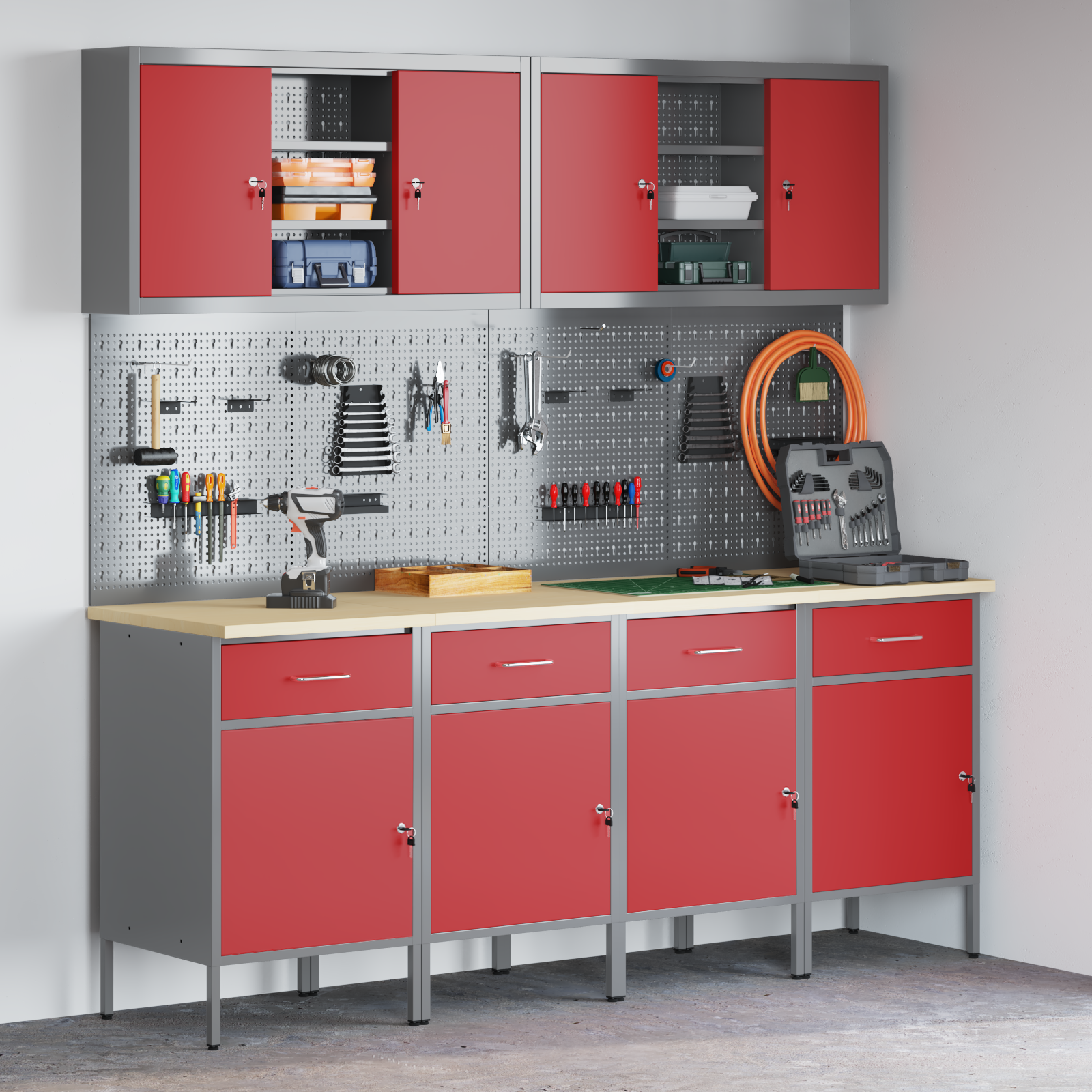 10 Piece Work Cabinet and Pegboard Set in Red MDF and Metal