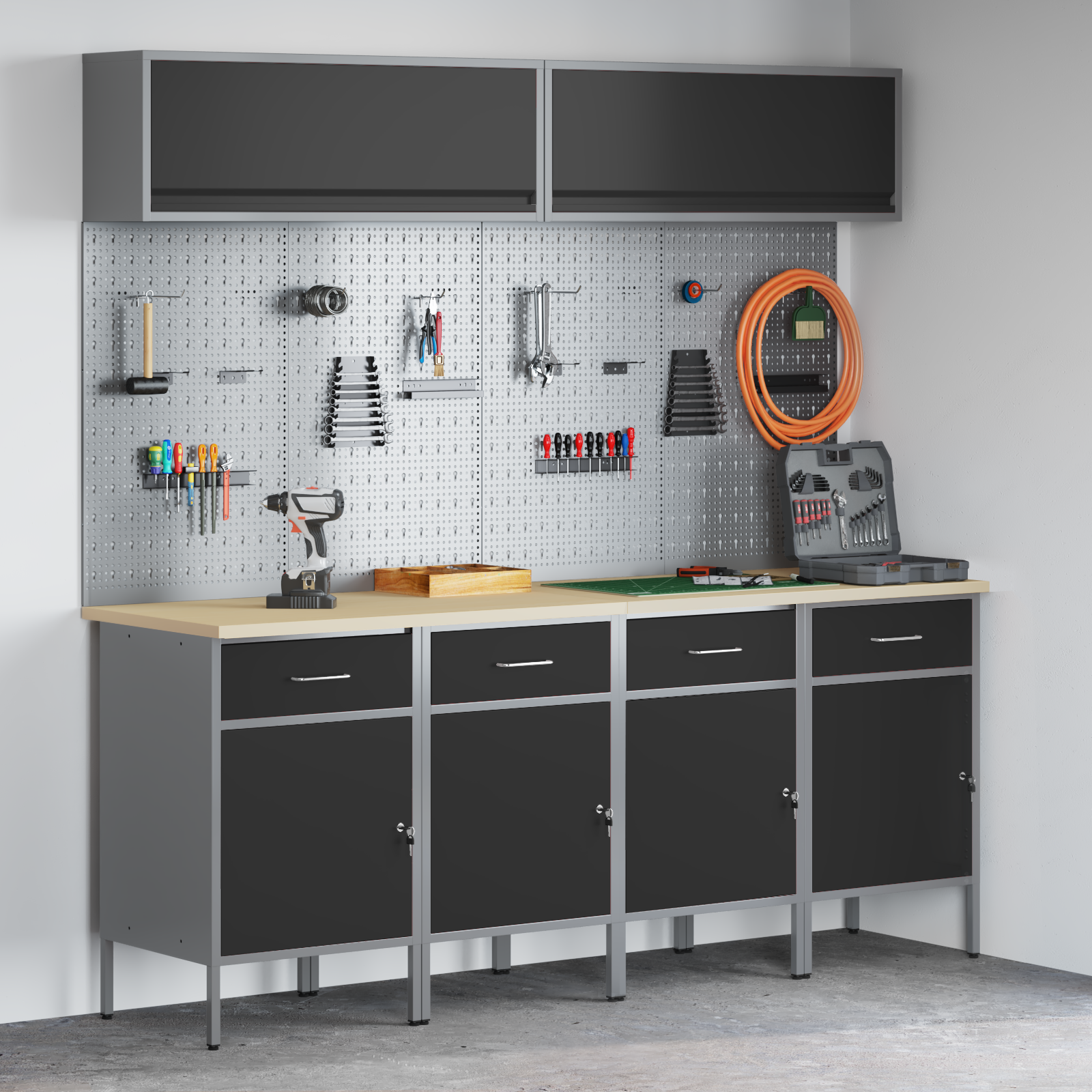 Set dulap lucru & panou cârlige, 10 piese, negru, MDF & metal 3321486 Set dulap lucru & panou cârlige, 10 piese, negru, MDF & metal 3321486 - imagine 1