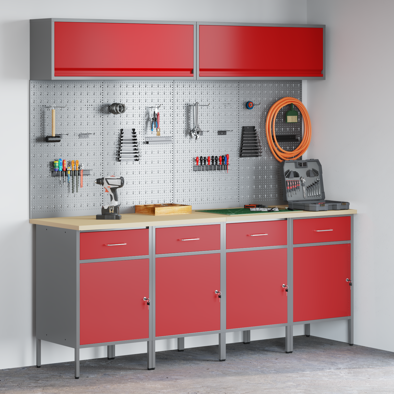Set dulap lucru & panou cârlige, 10 piese, roșu, MDF & metal 3321487 Set dulap lucru & panou cârlige, 10 piese, roșu, MDF & metal 3321487 - imagine 1