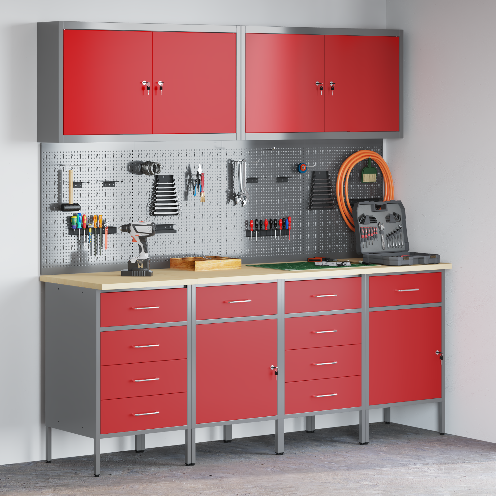 Set dulap lucru & panou cârlige, 10 piese, roșu, MDF & metal 3321489 Set dulap lucru & panou cârlige, 10 piese, roșu, MDF & metal 3321489 - imagine 1