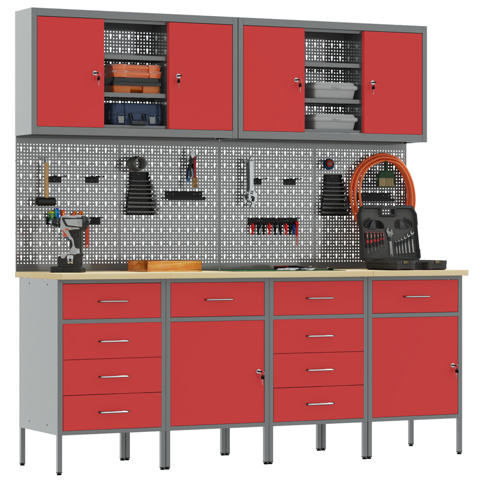 10-Piece Work Cabinet and Pegboard Set - Red MDF and Metal - Image 3