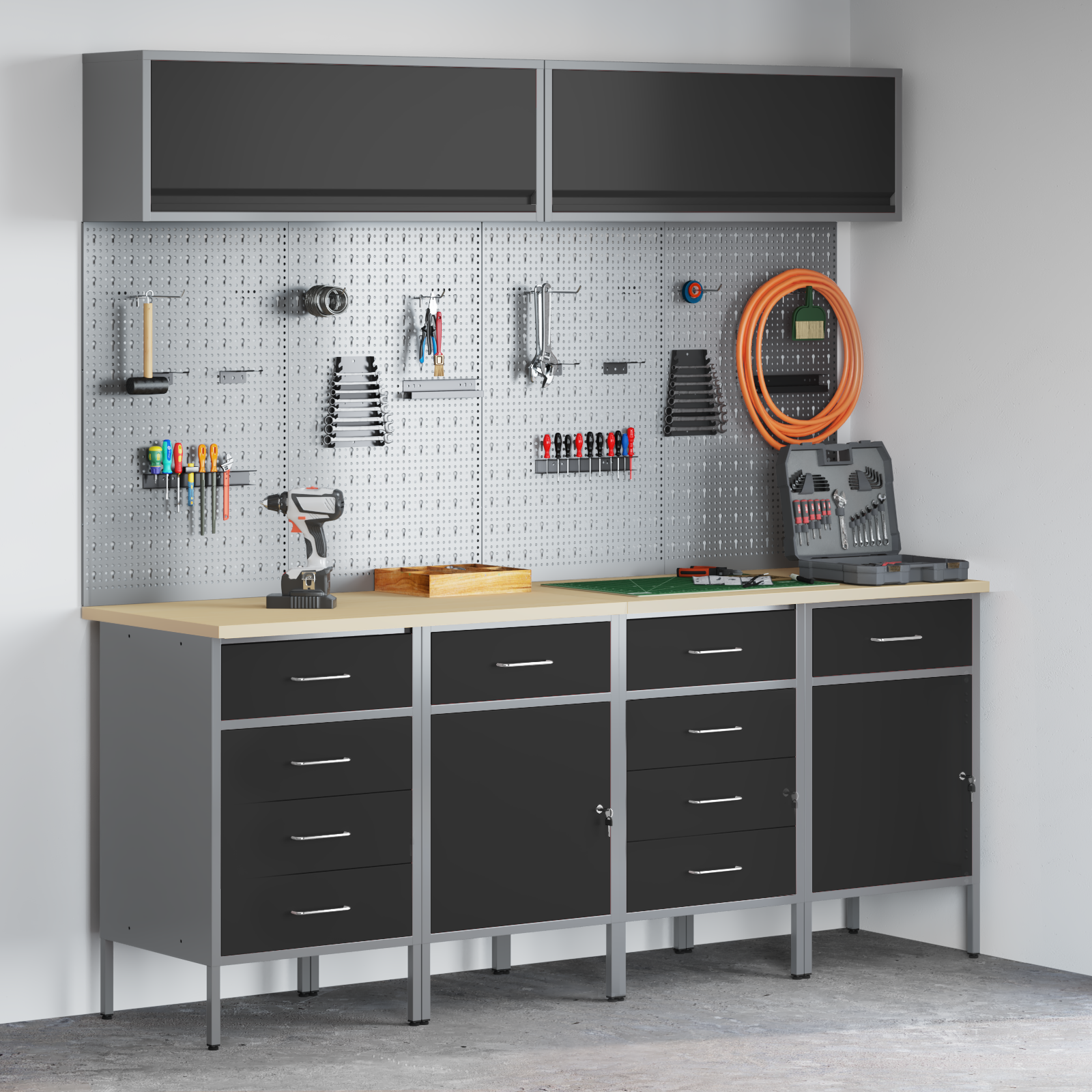 Set dulap lucru & panou cârlige, 10 piese, negru, MDF & metal 3321492 Set dulap lucru & panou cârlige, 10 piese, negru, MDF & metal 3321492 - imagine 1