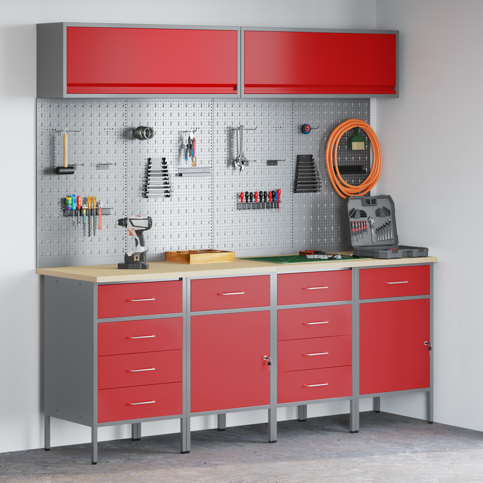Set dulap lucru & panou cârlige, 10 piese, roșu, MDF & metal 3321493 Set dulap lucru & panou cârlige, 10 piese, roșu, MDF & metal 3321493 - imagine 1