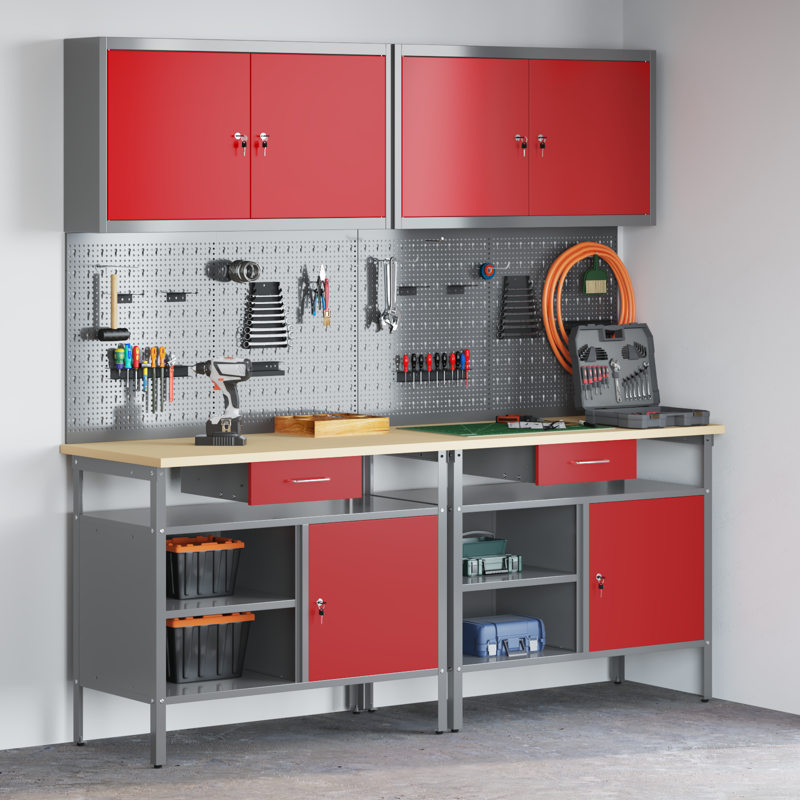 Set banc de lucru, 8 piese, roșu, oțel 3321495 Set banc de lucru, 8 piese, roșu, oțel 3321495 - imagine 1