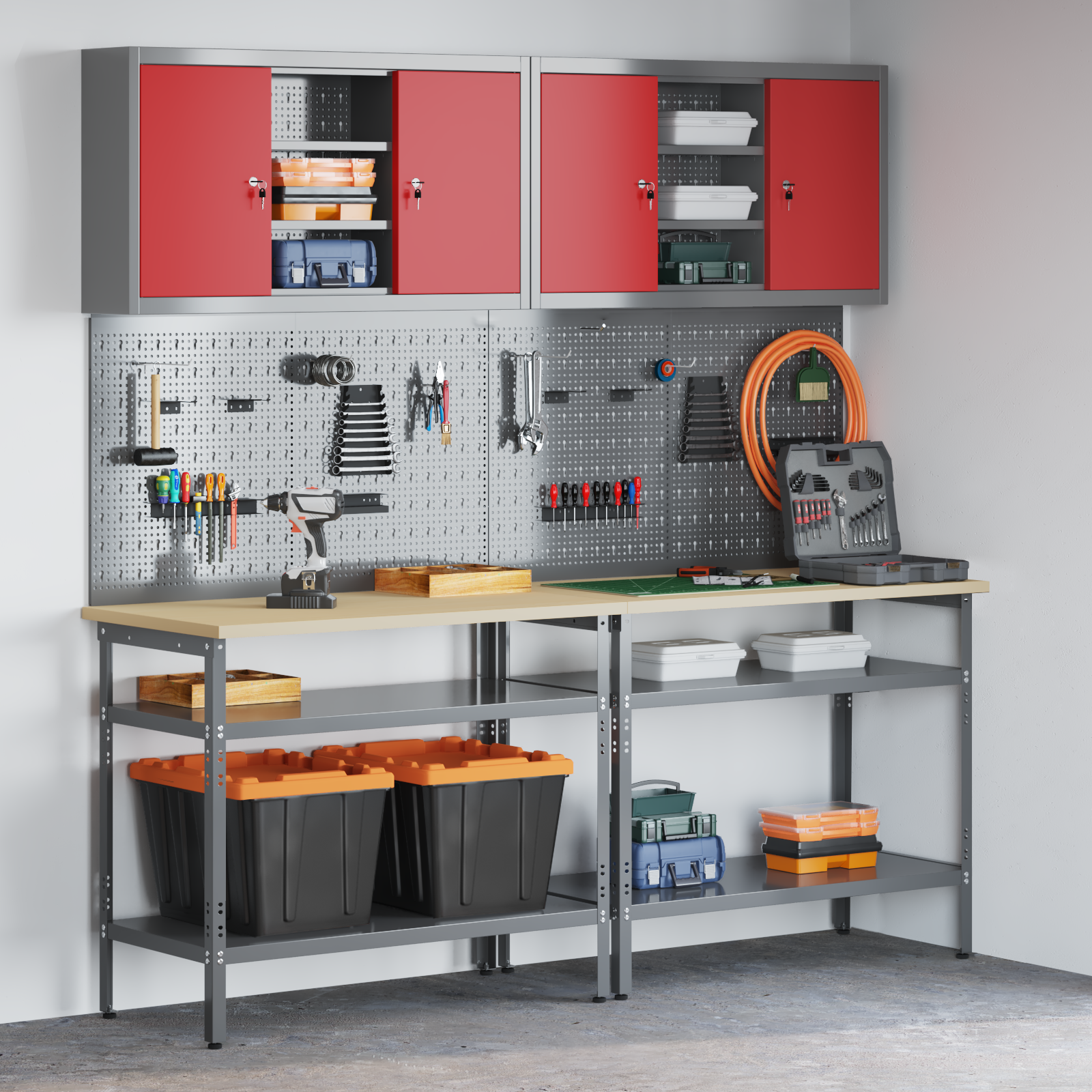8-Piece Tool Storage Table Set in Red with Engineered Wood and Metal