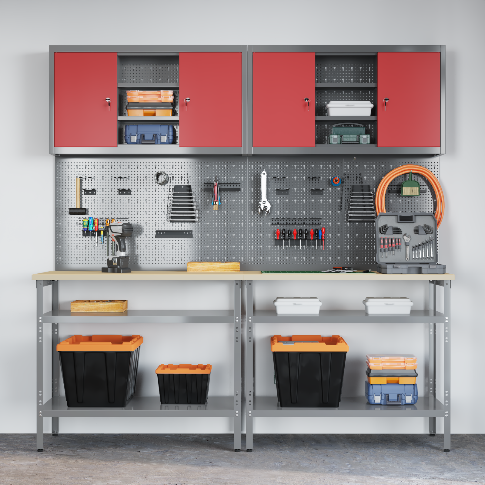 8-Piece Tool Storage Table Set in Red with Engineered Wood and Metal - Image 4