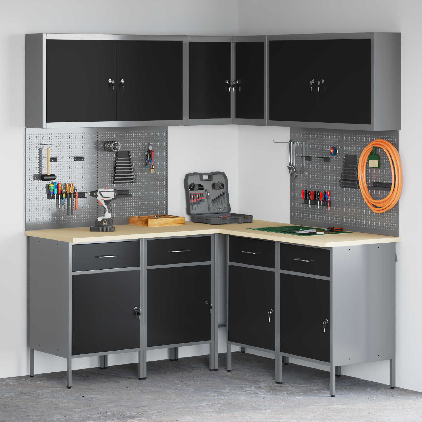 12-Piece Work Cabinet and Pegboard Set - Black MDF and Metal