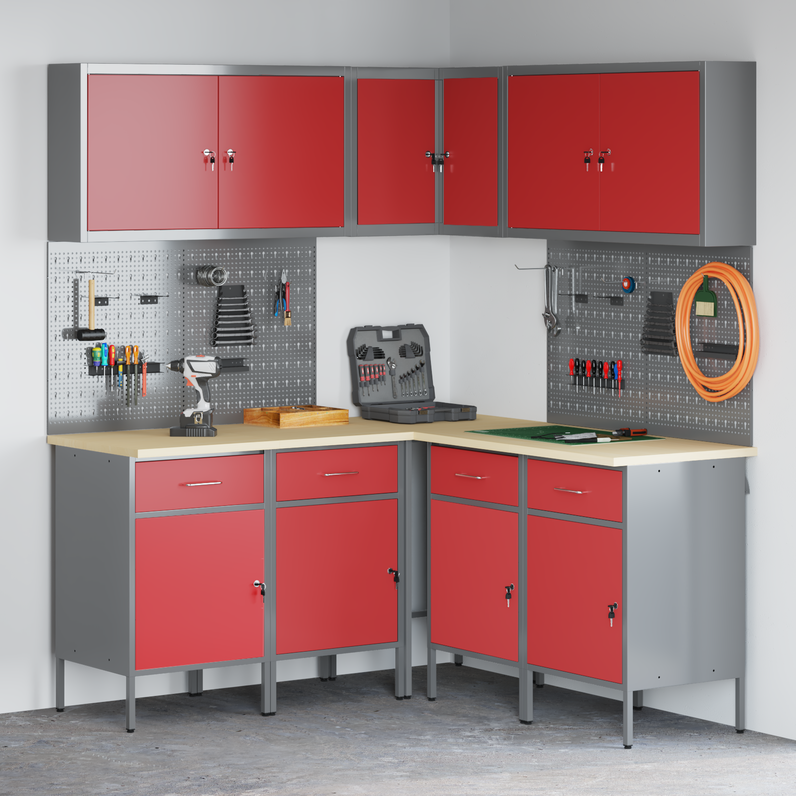 Set dulap lucru & panou cârlige, 12 piese, roșu, MDF & metal 3321507 Set dulap lucru & panou cârlige, 12 piese, roșu, MDF & metal 3321507 - imagine 1