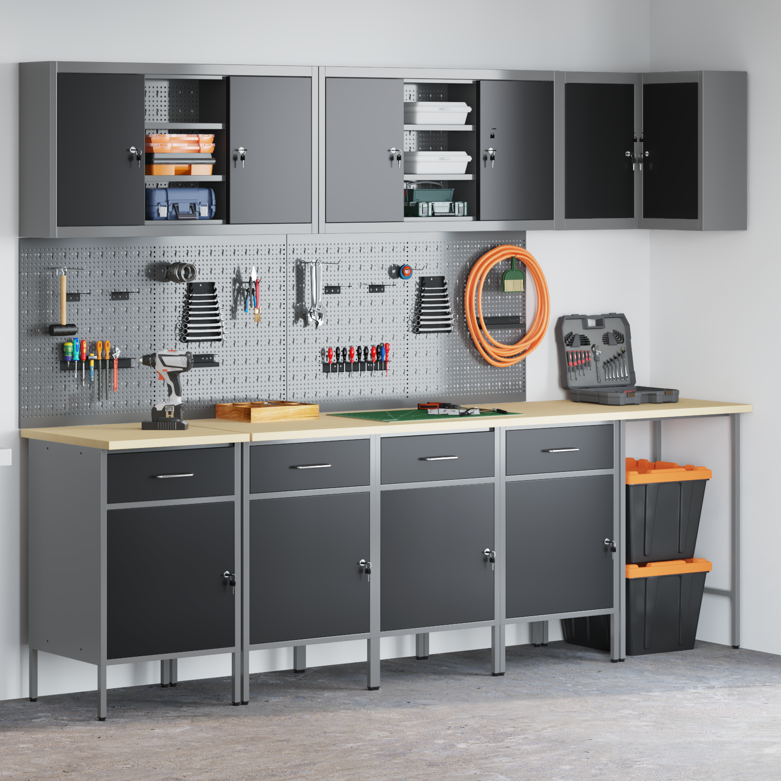 12 Piece Work Cabinet and Pegboard Set in Black MDF and Metal - Image 5