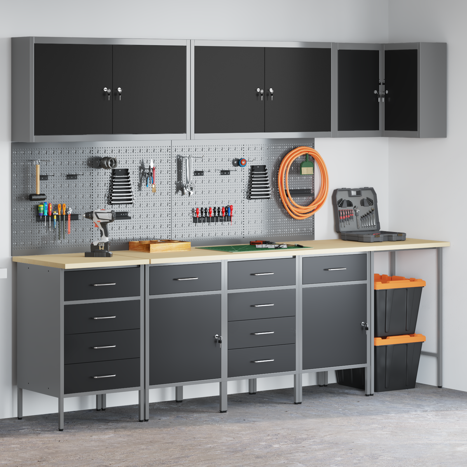 12 Piece Work Cabinet and Pegboard Set Black MDF and Metal