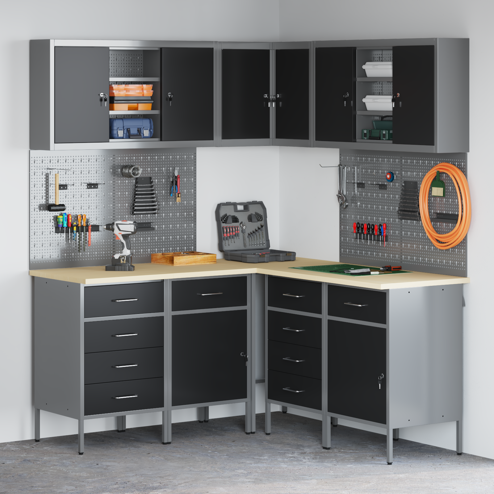 Set dulap unelte & panou cârlige, 12 piese, negru, MDF & metal Set dulap unelte & panou cârlige, 12 piese, negru, MDF & metal - imagine 1