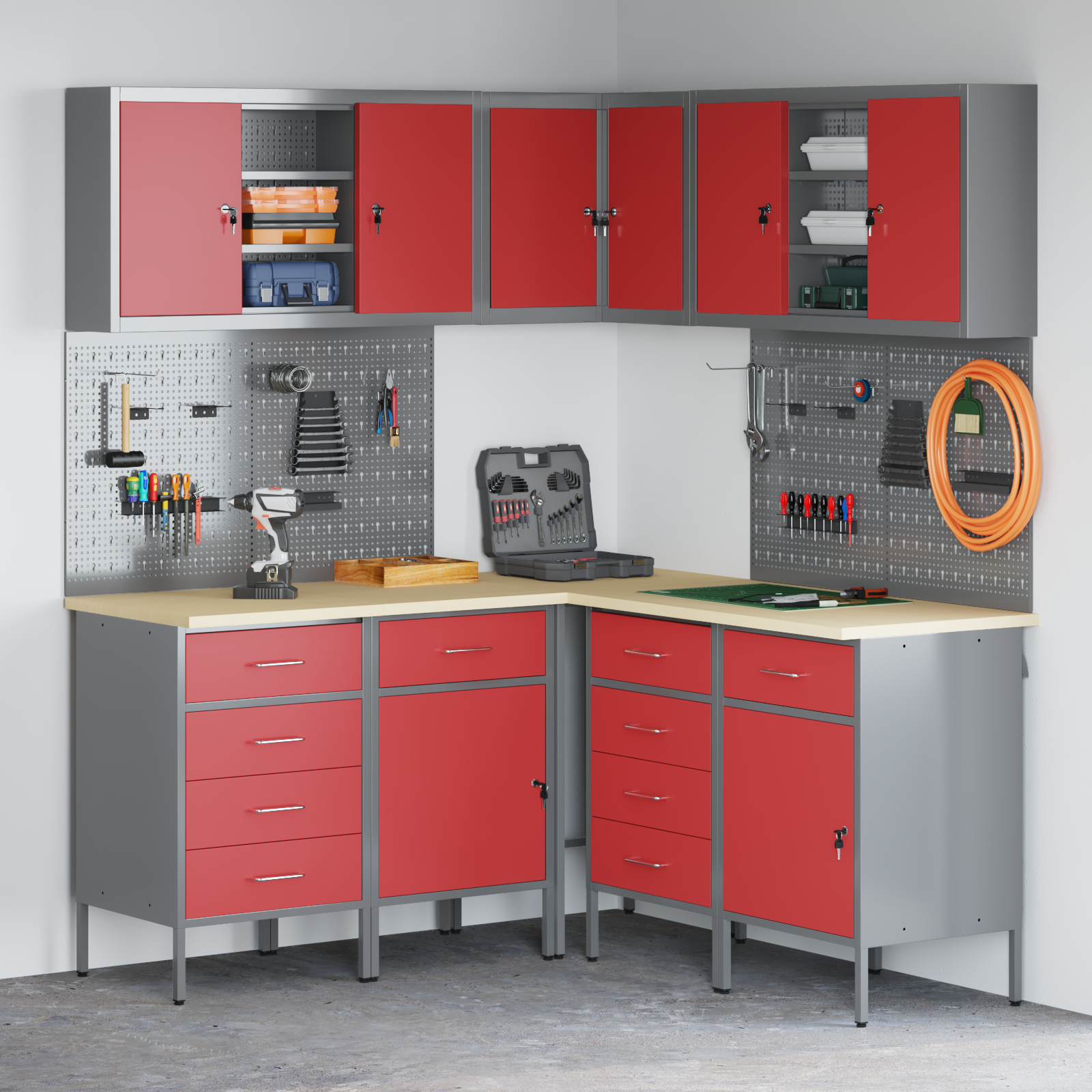 12-Piece Work Cabinet and Pegboard Set in Red MDF and Metal