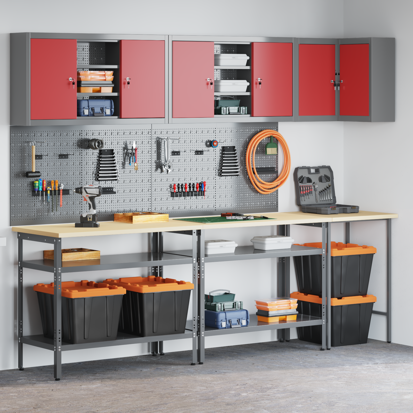 10-Piece Tool Storage Table Set - Red, Made of Engineered Wood and Metal - Image 4