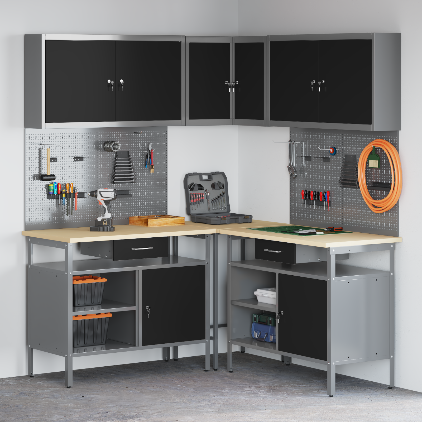 10 Piece Tool Storage Table Set - Black Engineered Wood and Metal