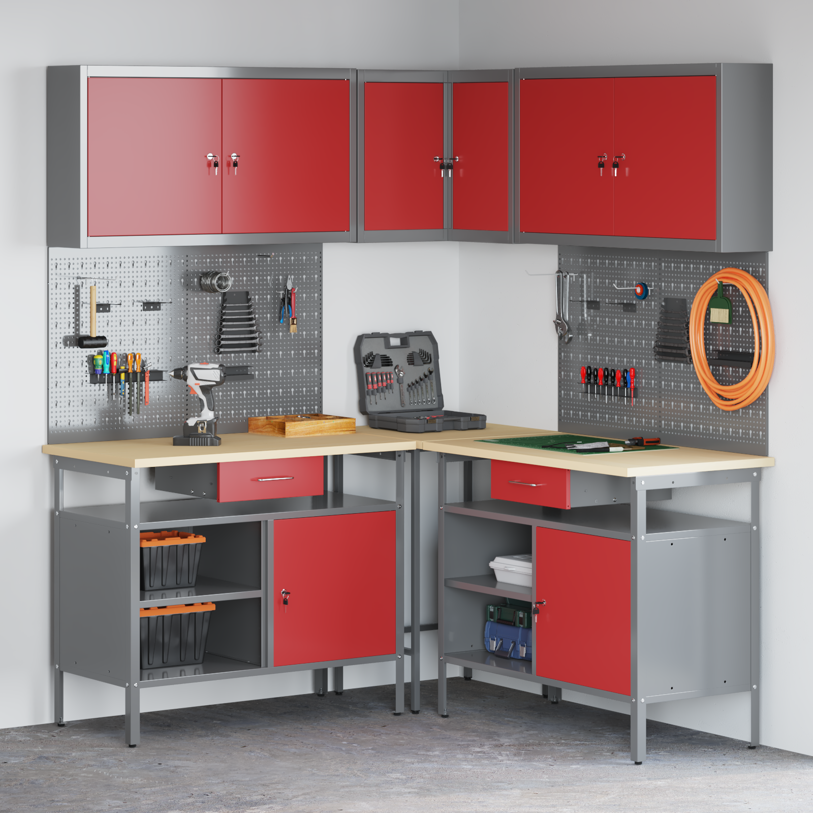 Set depozitare unelte vidaXL, 10 piese, masă roșie din lemn stratificat și metal Set depozitare unelte vidaXL, 10 piese, masă roșie din lemn stratificat și metal - imagine 1