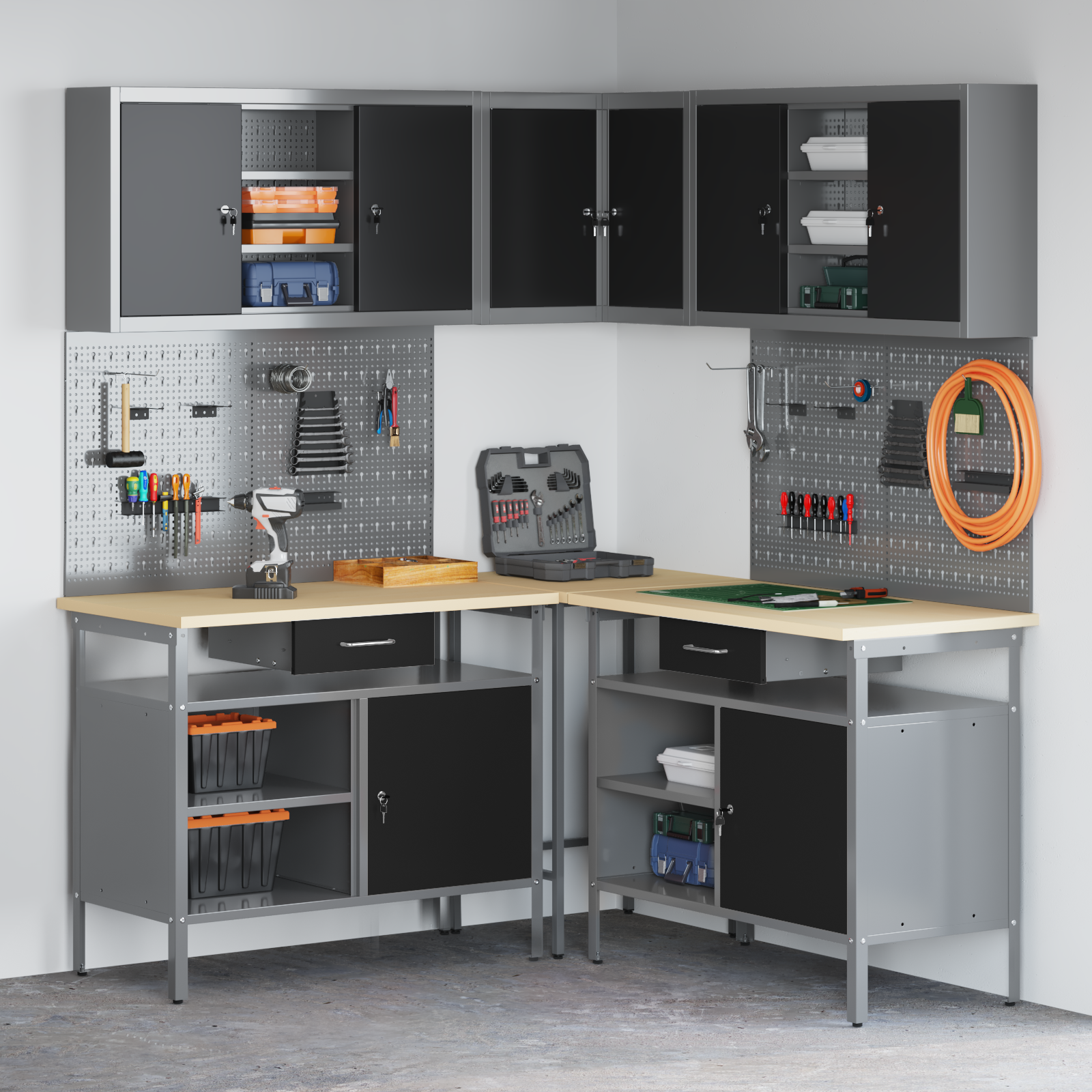 Set delovnih omar s predalom s polico 10 pcs Črna in siva