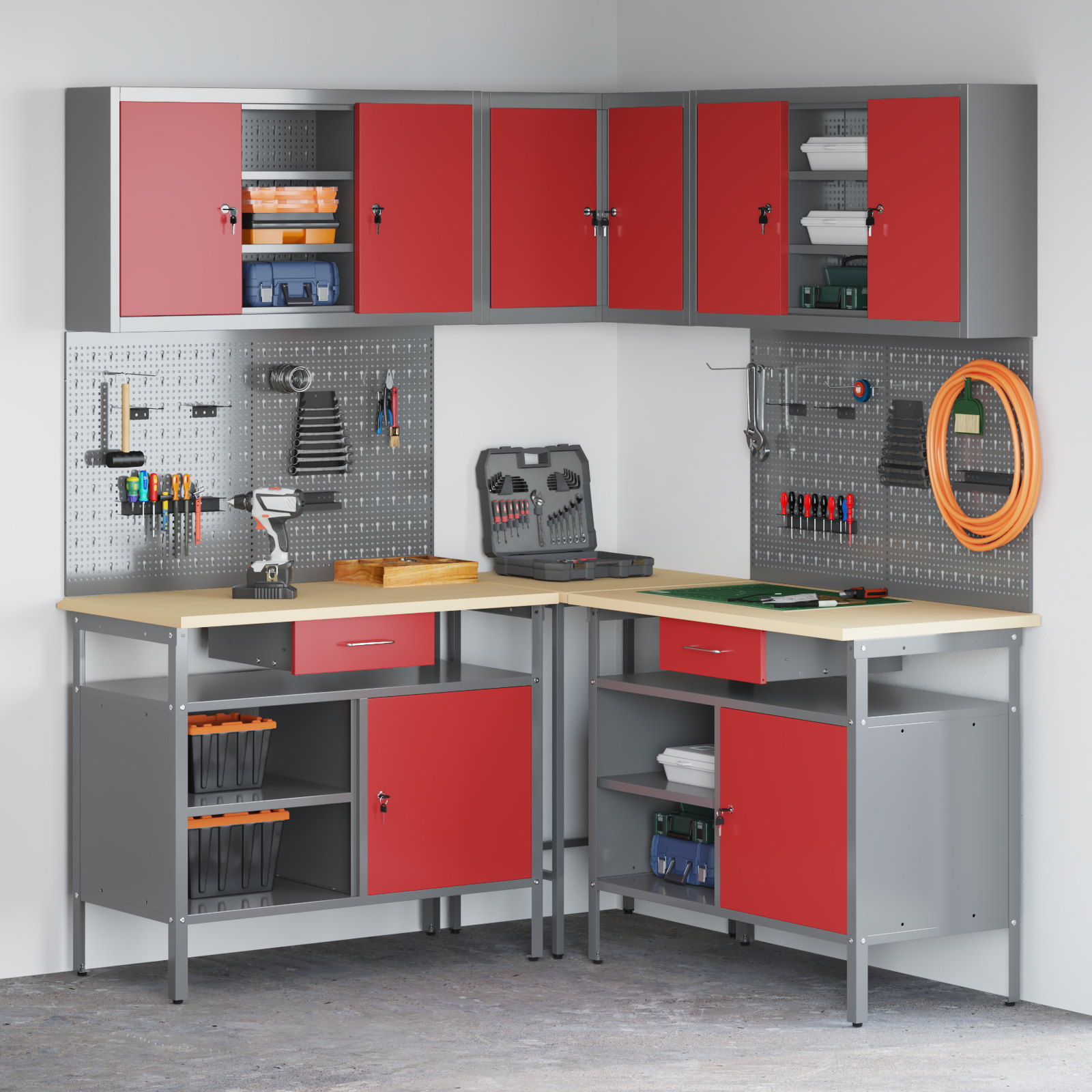 10-Piece Tool Storage Table Set in Red - Made of Engineered Wood and Metal