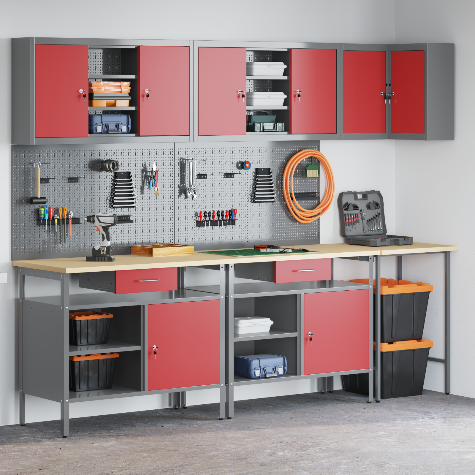 10-Piece Tool Storage Table Set in Red - Made of Engineered Wood and Metal - Image 4