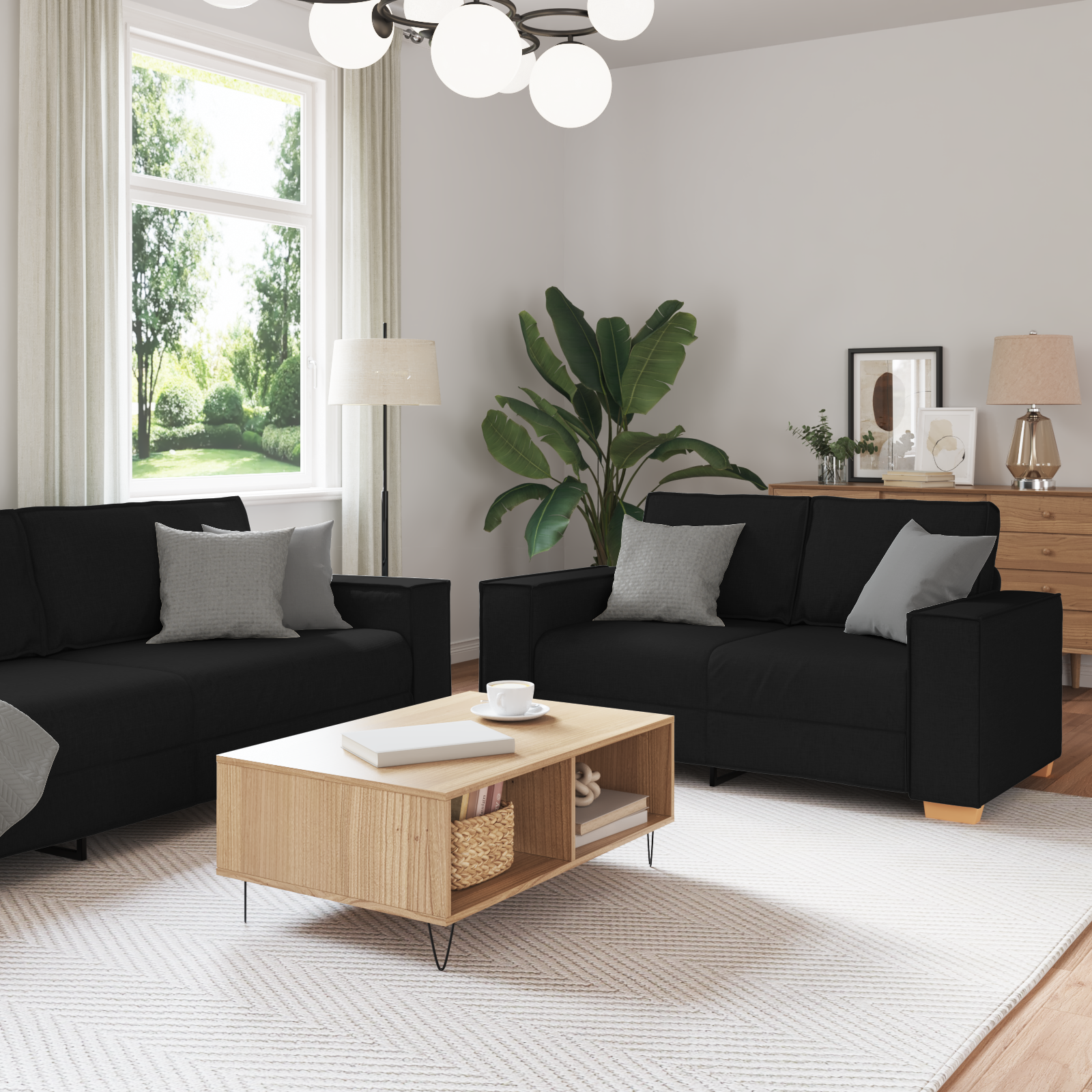 3 Piece Sofa Set with Cushions Black Fabric