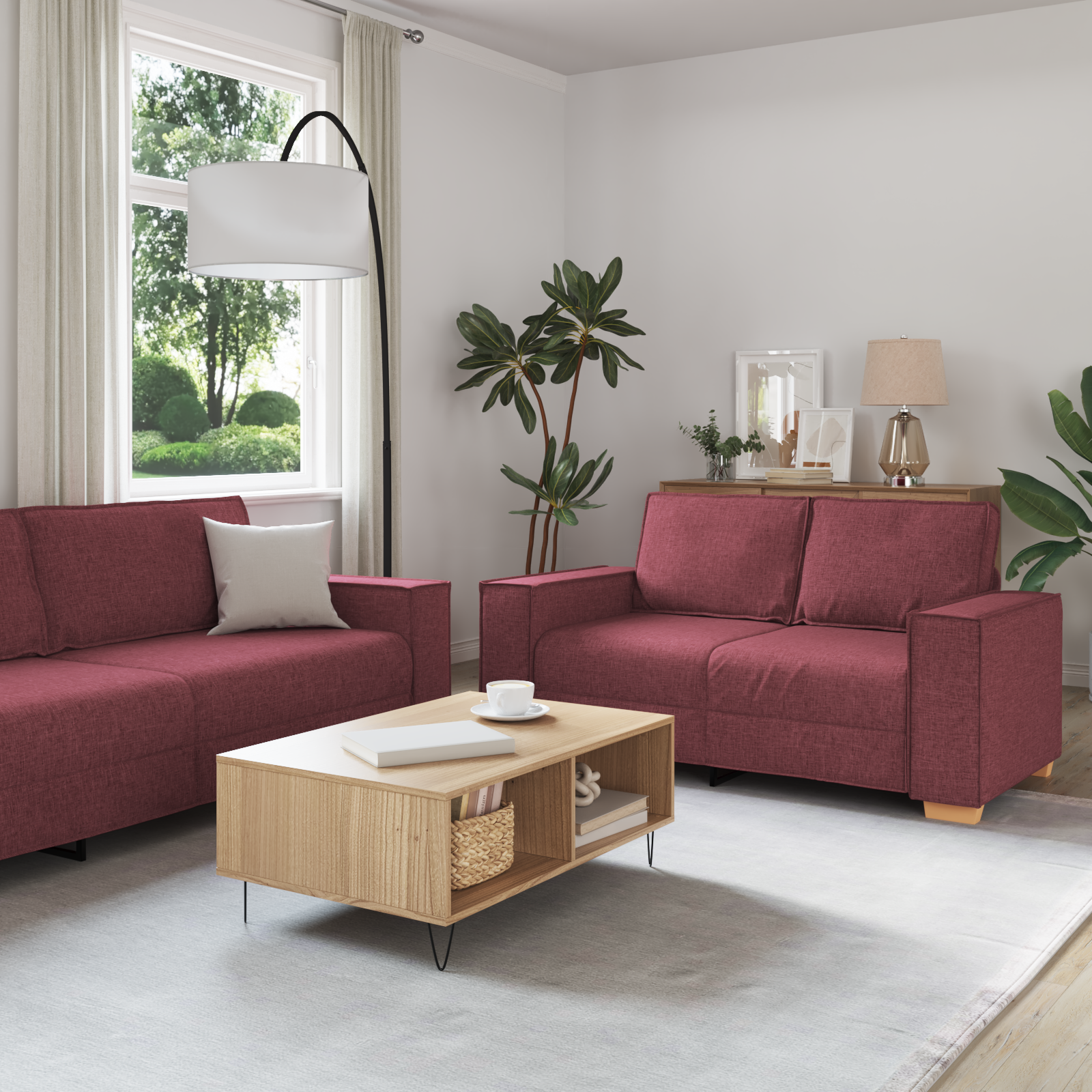 Sofa Set with Cushion 3 pcs Wine Red 220 x 78 x 84 cm Fabric