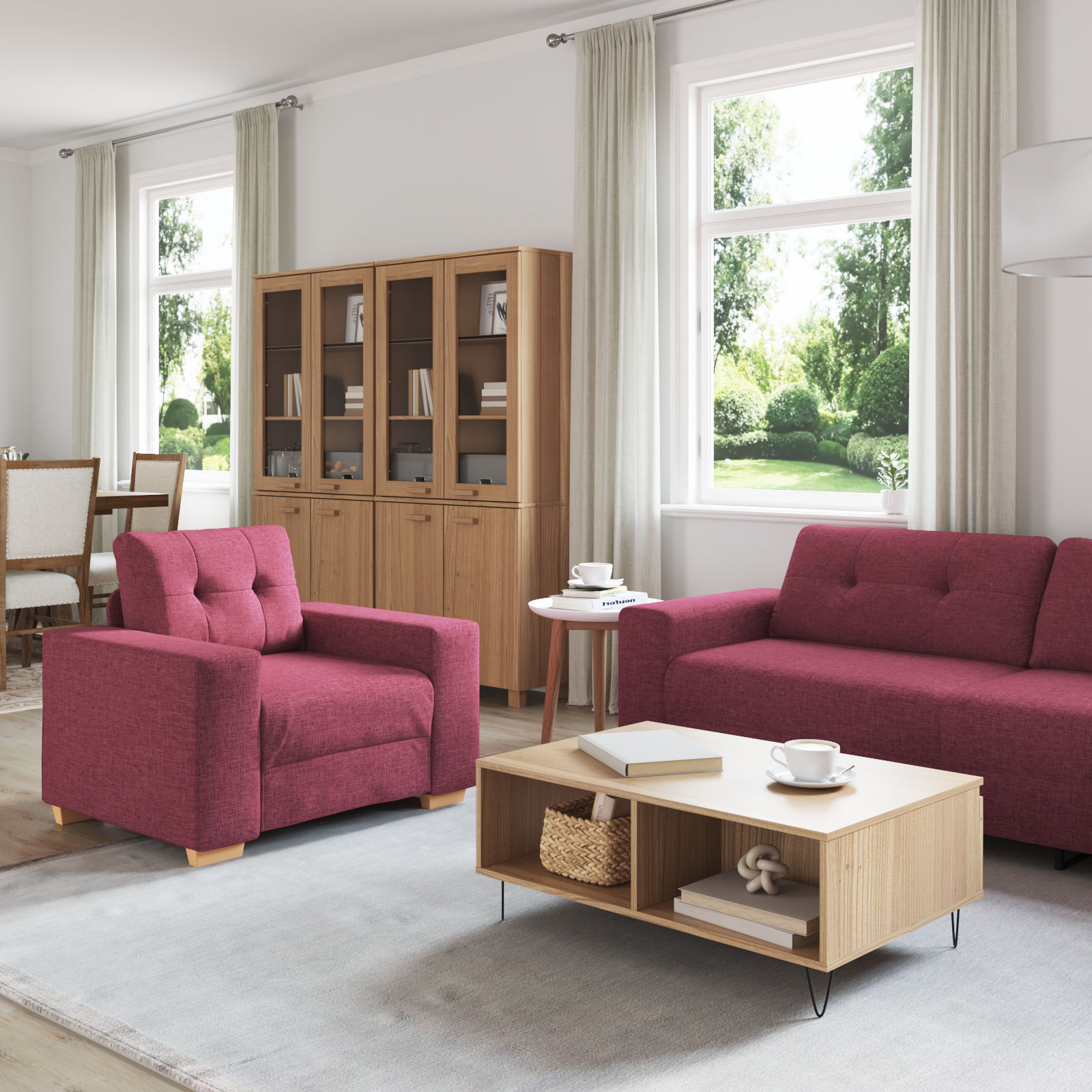 3-Piece Sofa Set with Cushions in Wine Red Fabric