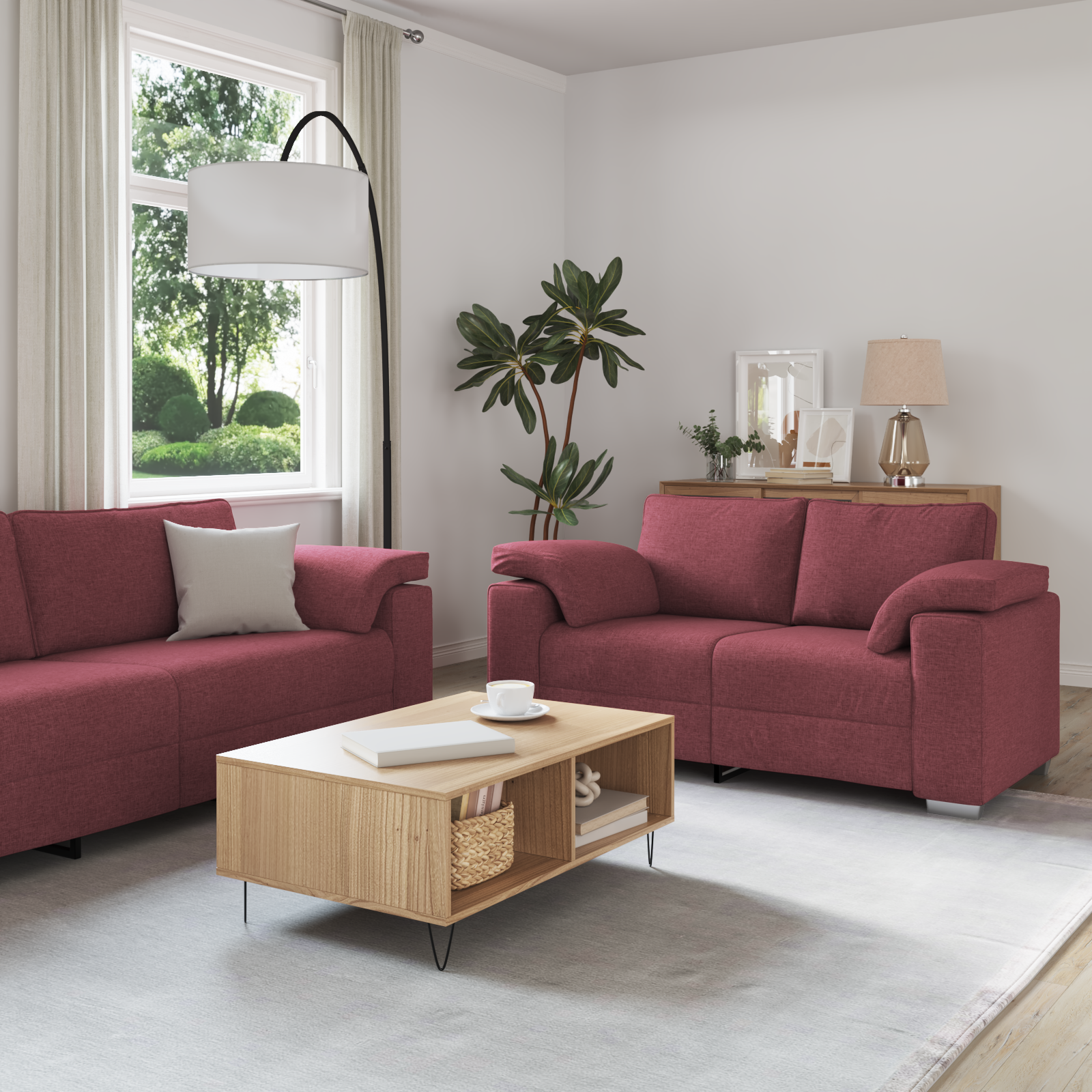 Sofa Set with Cushion 3 pcs Wine Red 219 x 77 x 82 cm Fabric
