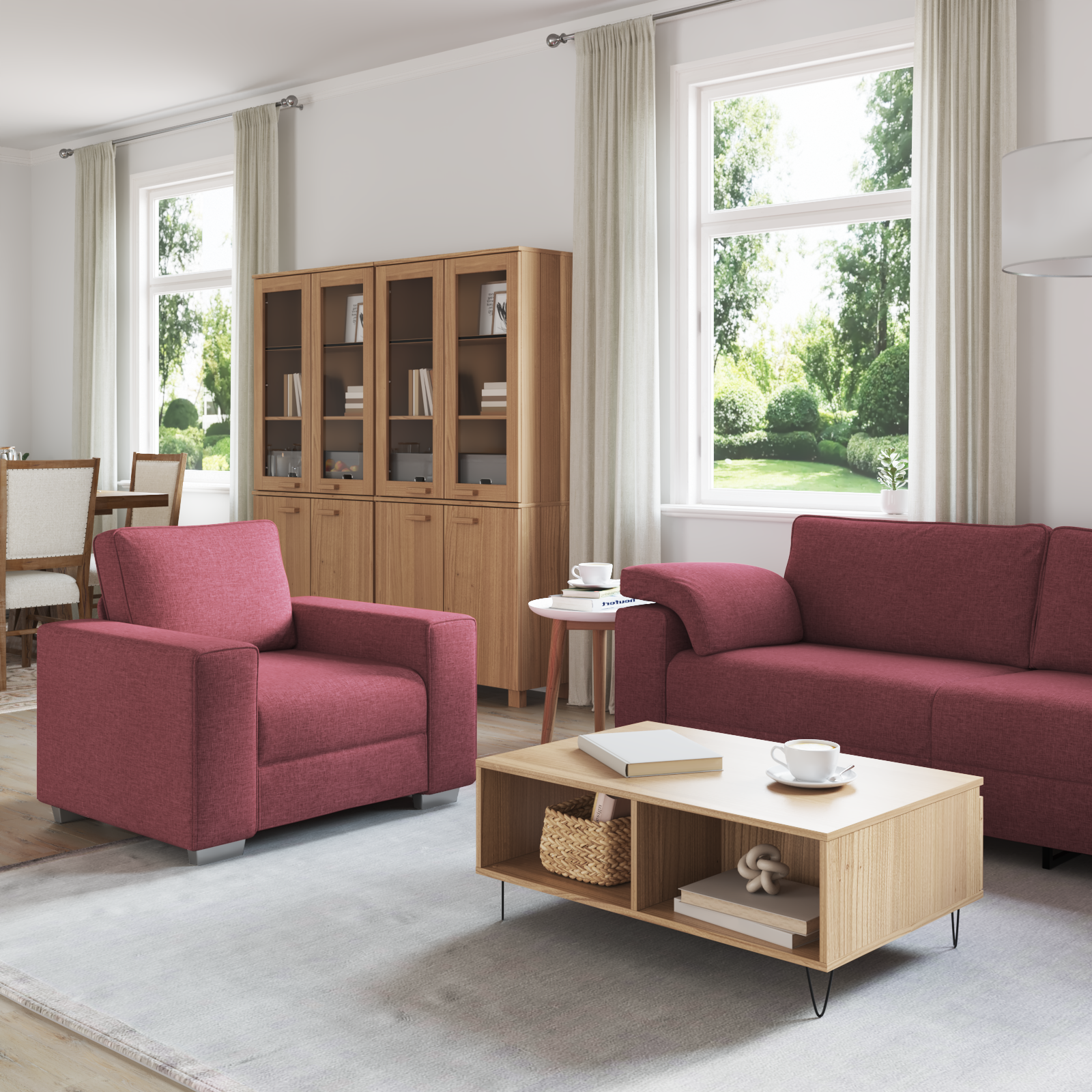 Sofa Set with Cushion 3 pcs Wine Red 219 x 77 x 82 cm Fabric - Image 3