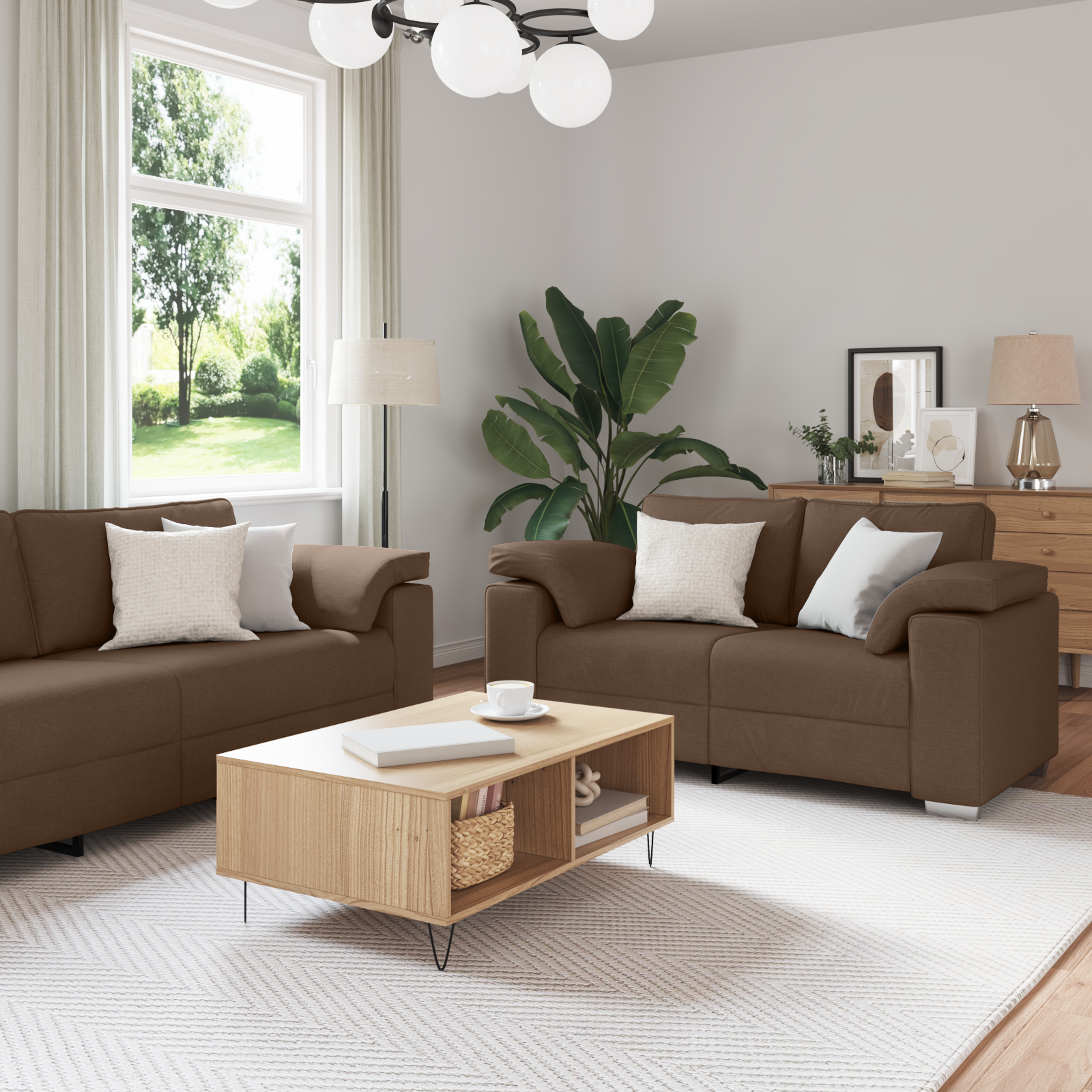 Sofa Set with Cushion 3 pcs Brown 219 x 77 x 82 cm Fabric