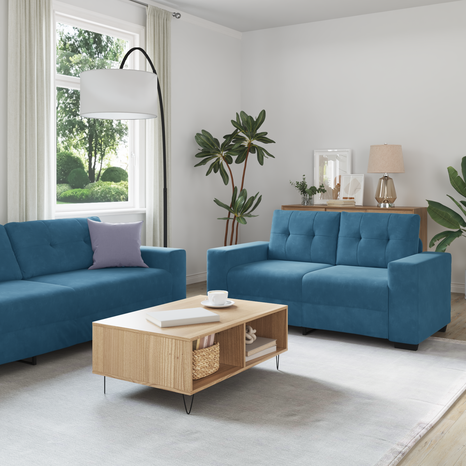 2-delige bankset met kussens, blauw fluweel