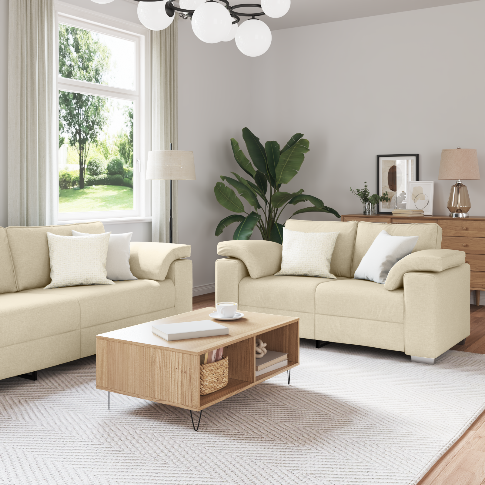Sofa Set 2 pcs Cream 219 x 77 x 82 cm Fabric